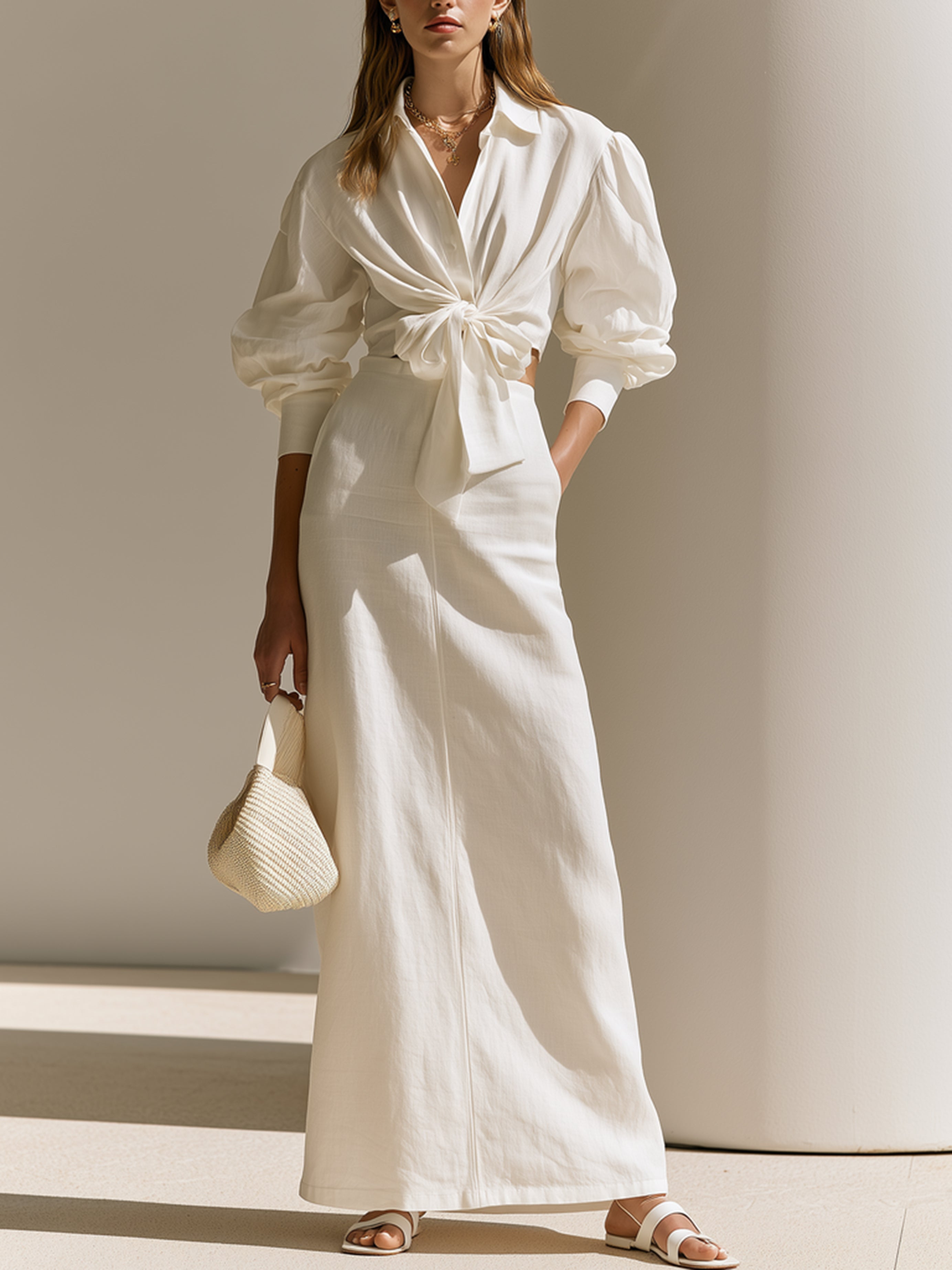 Elegant White Linen Blend Suit: Button-Up Shirt & Midi Skirt Set