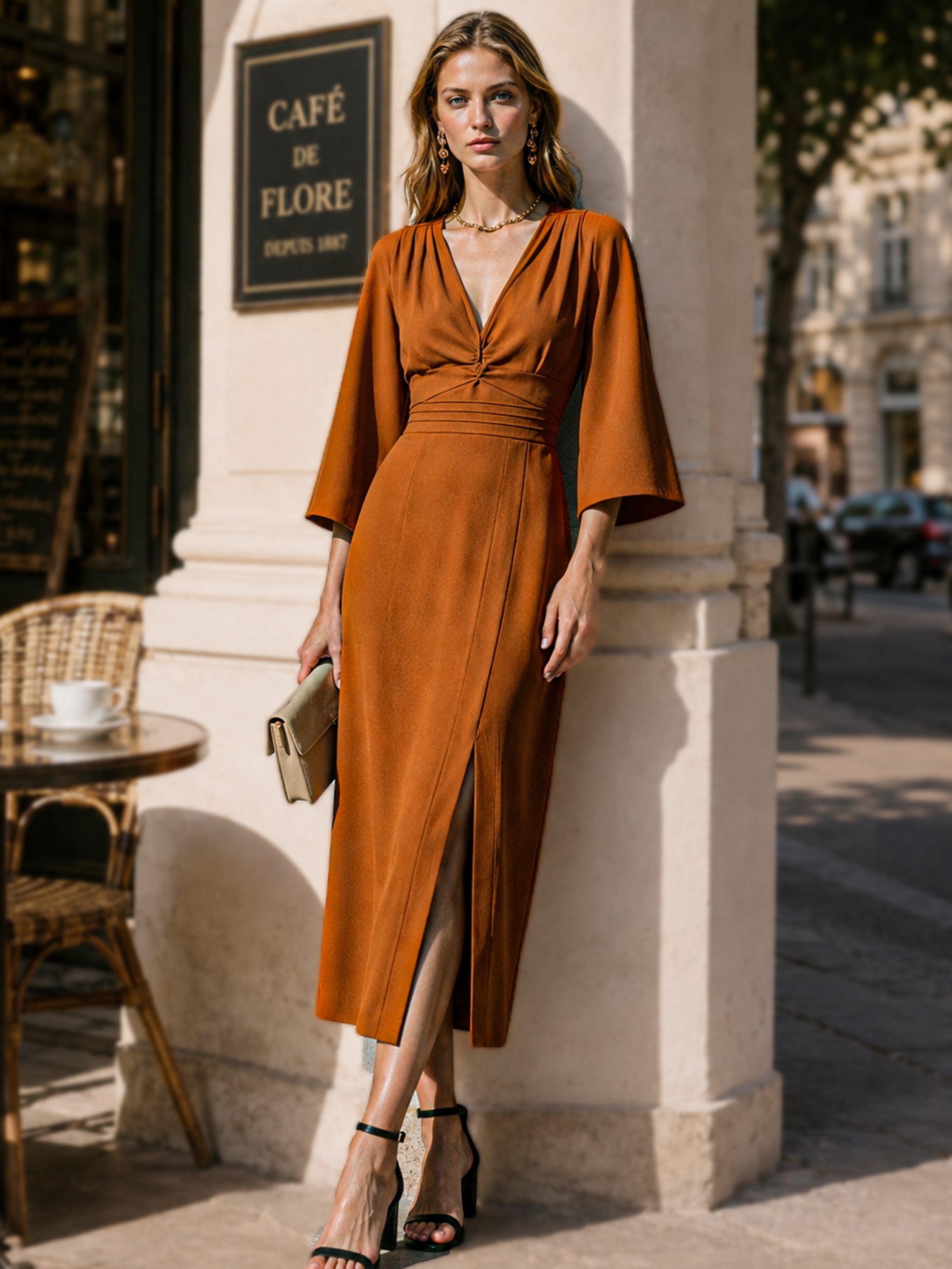 Elegant Brown Dress: V-Neck Flare Sleeve Madi Dress