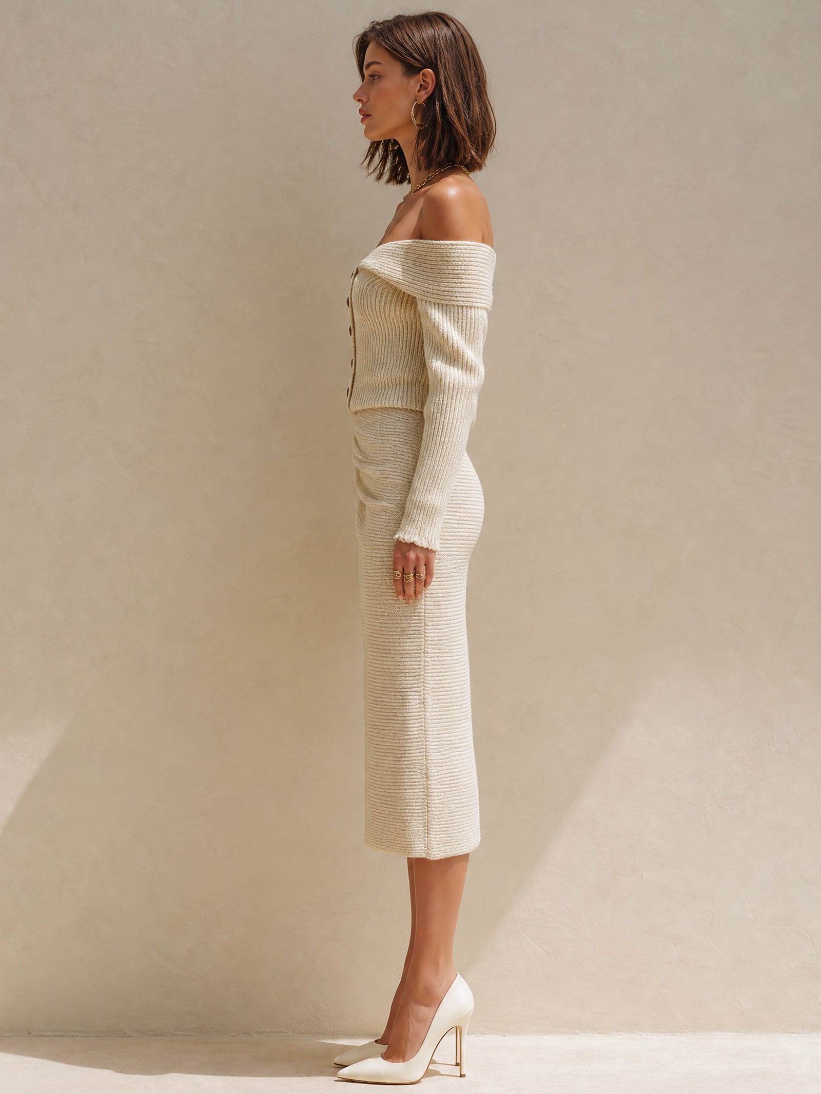White Off-the-shoulder Knitted Two-piece Set