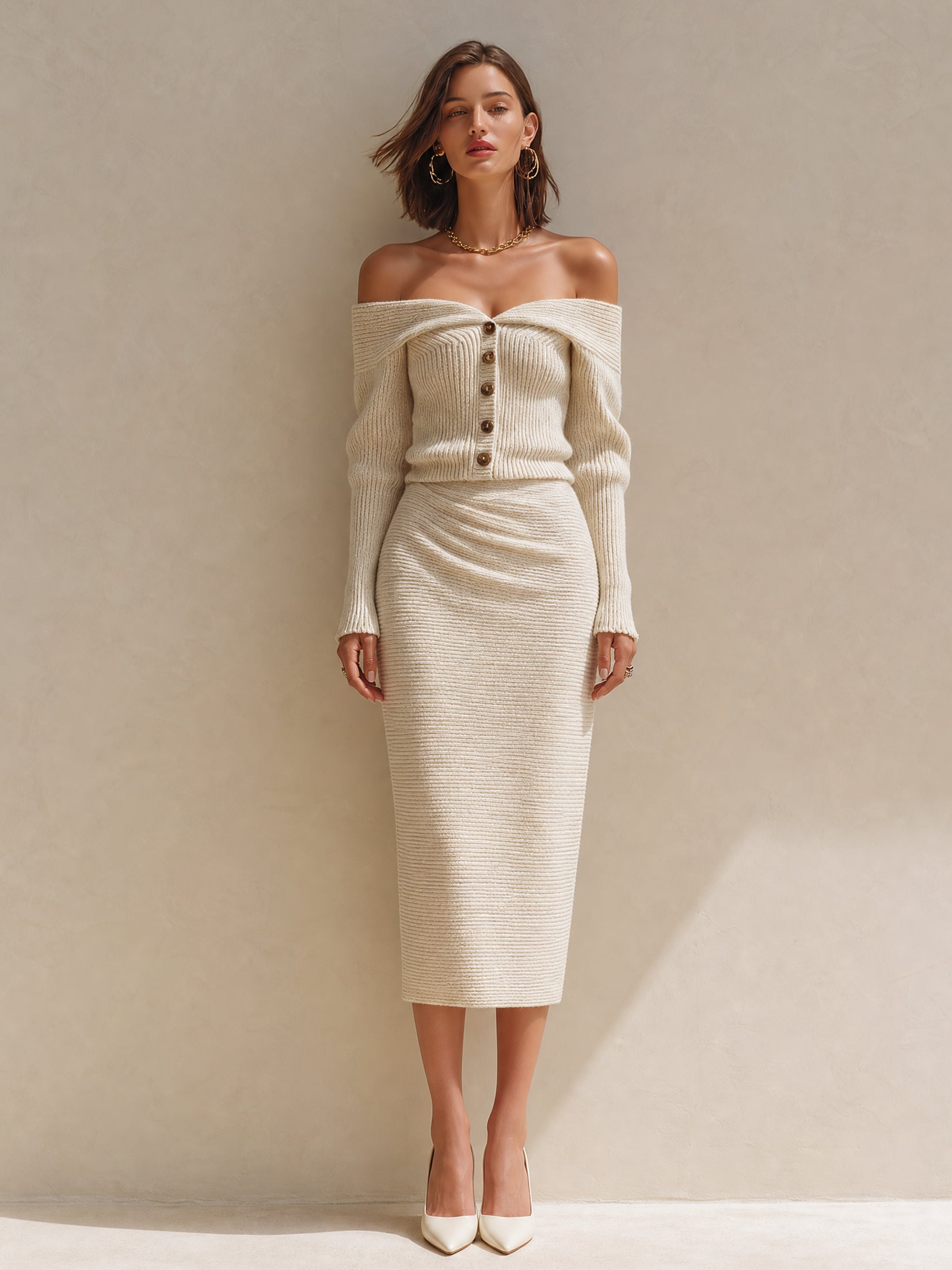 White Off-the-shoulder Knitted Two-piece Set