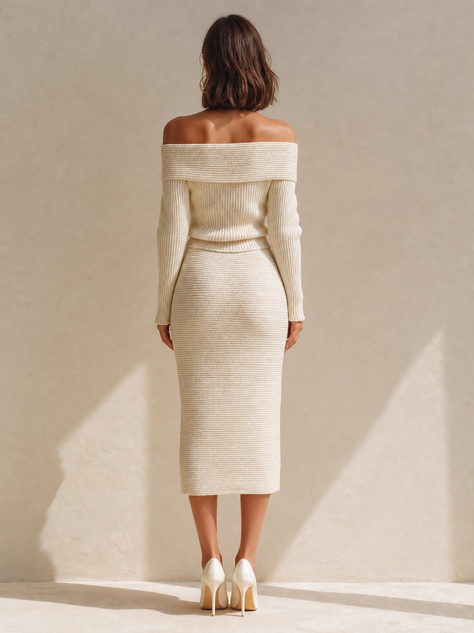 White Off-the-shoulder Knitted Two-piece Set