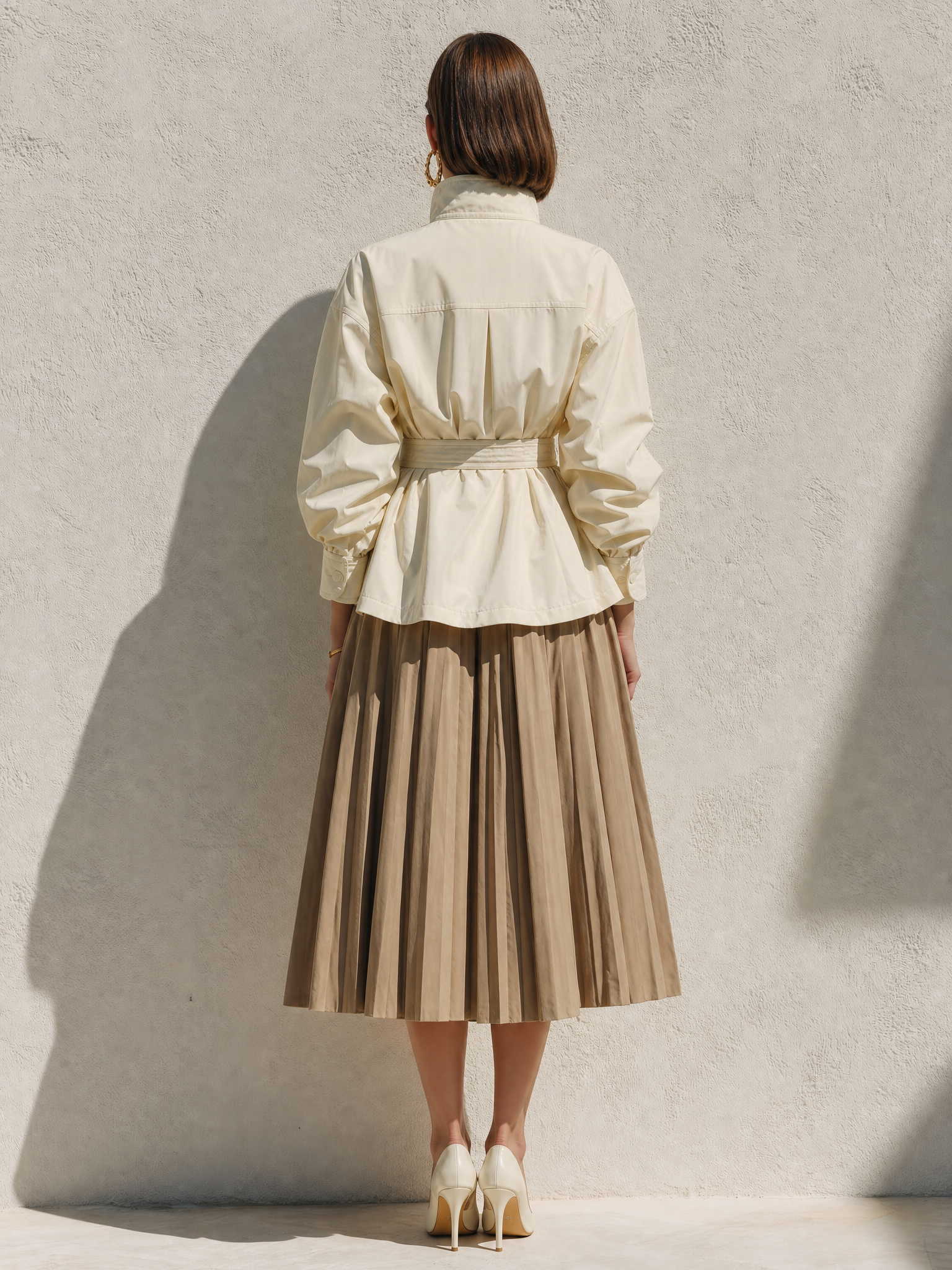 Off-white Short Trench Coat And Pleated Skirt Set