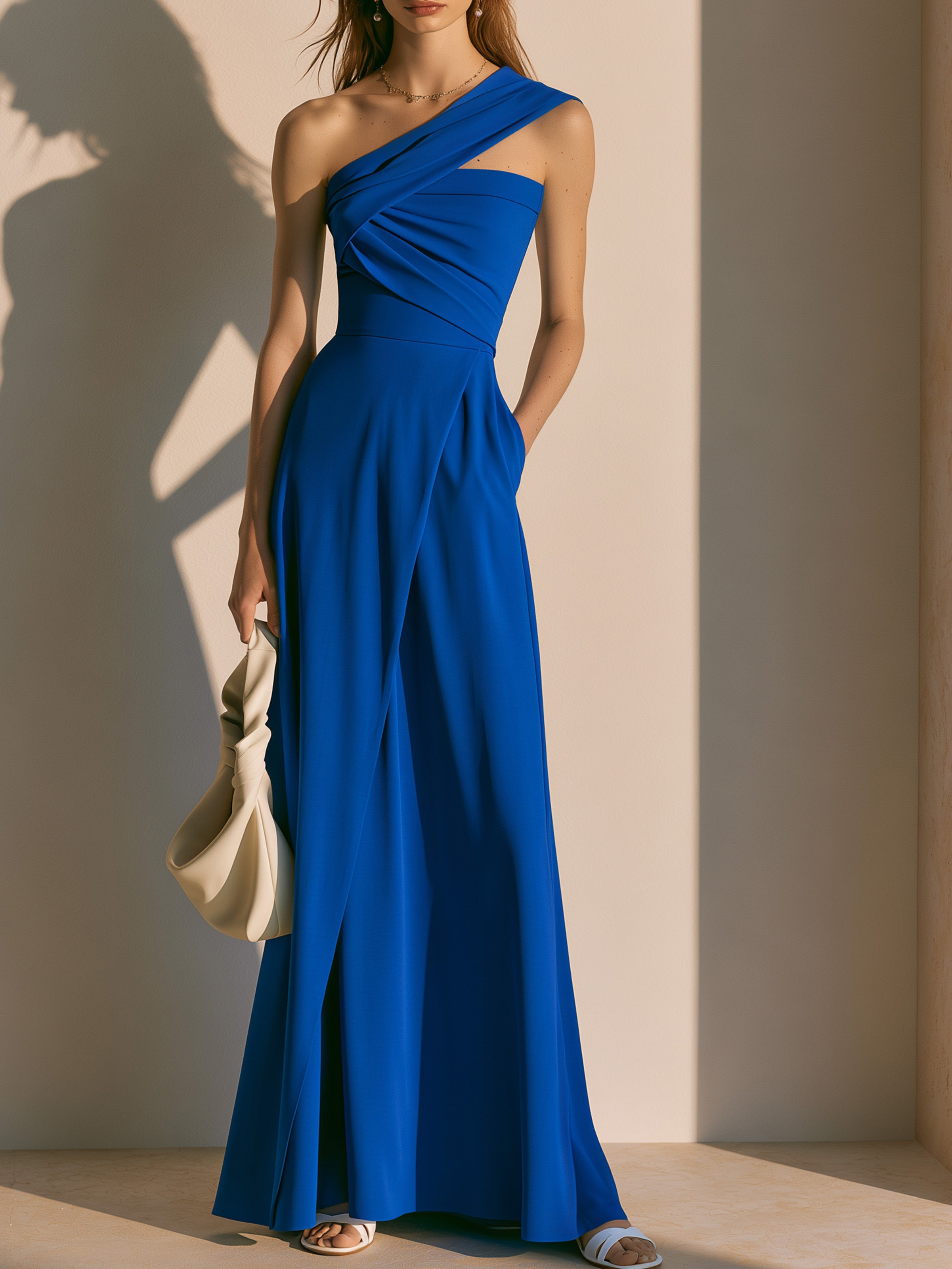 Elegant Royal Blue Dress: One-Shoulder Ruched Maxi Dress