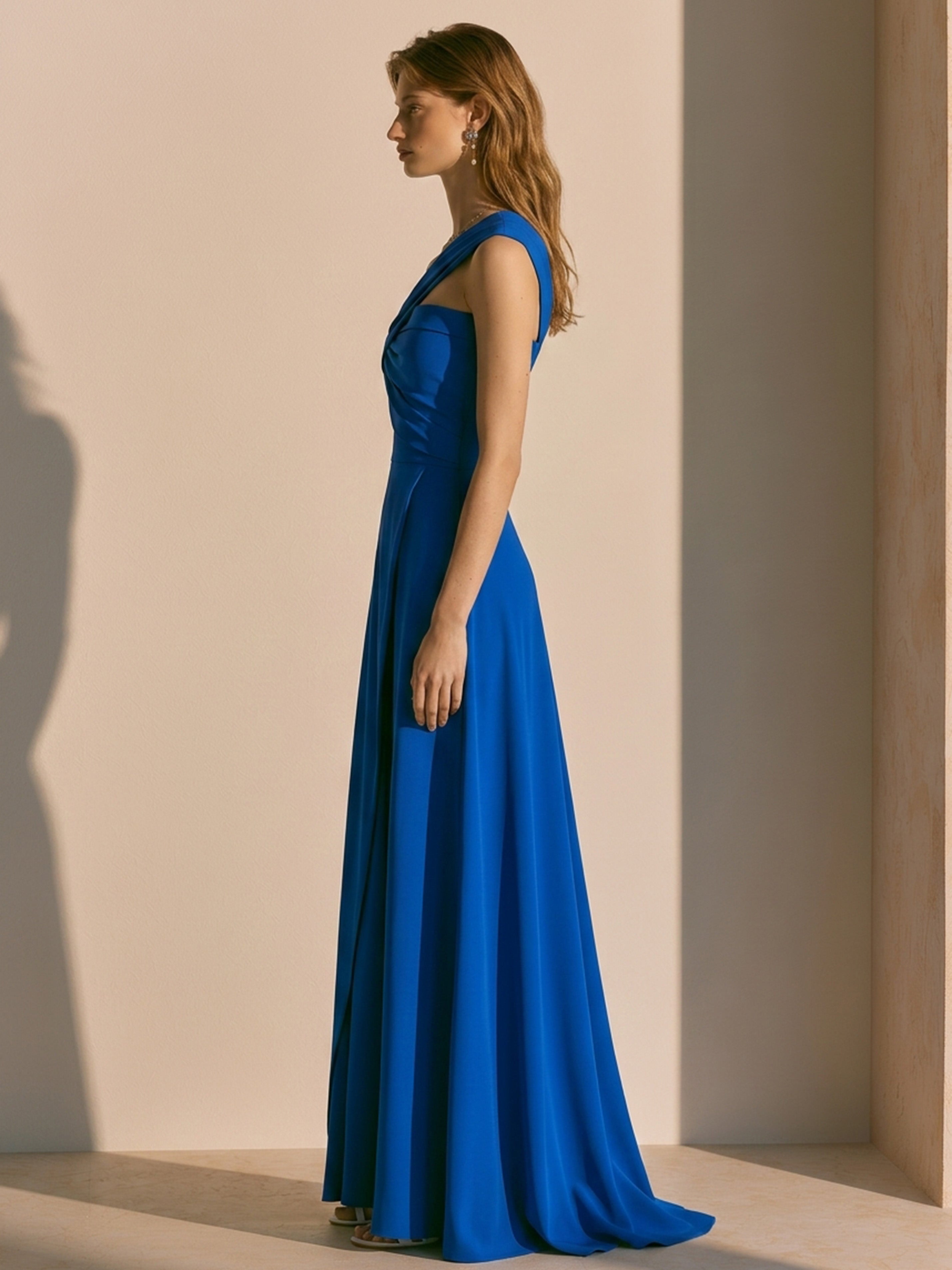 Elegant Royal Blue Dress: One-Shoulder Ruched Maxi Dress