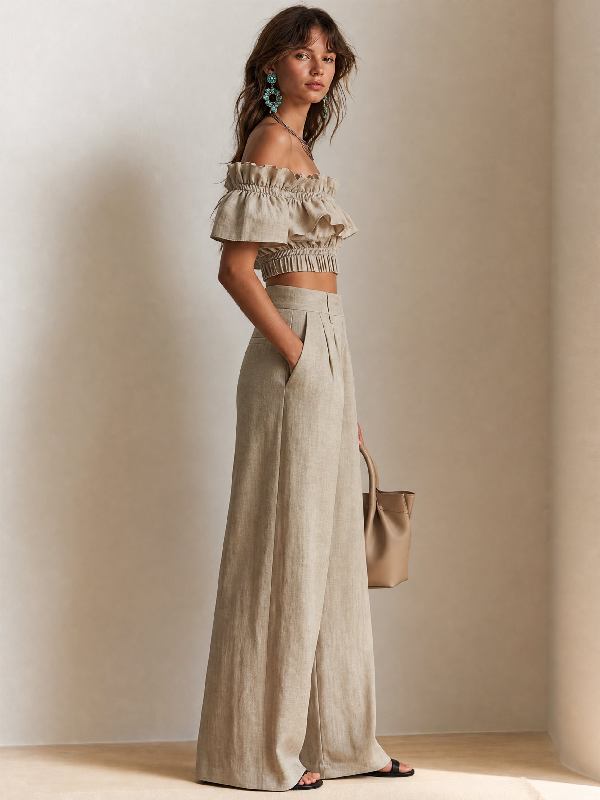 Elegant Off-Shoulder Ruffled Crop Top & Wide-Leg Pants Two-Piece Set