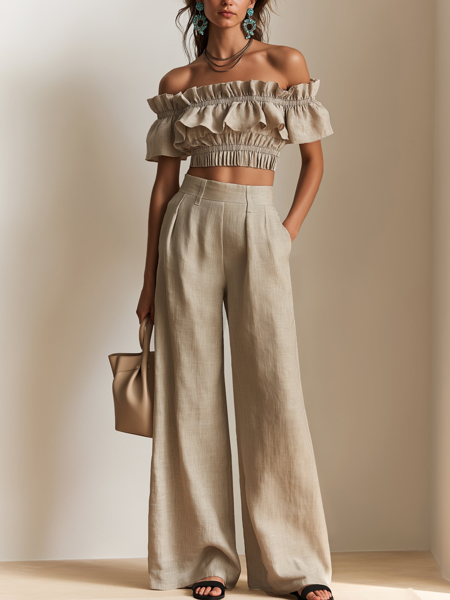 Elegant Off-Shoulder Ruffled Crop Top & Wide-Leg Pants Two-Piece Set