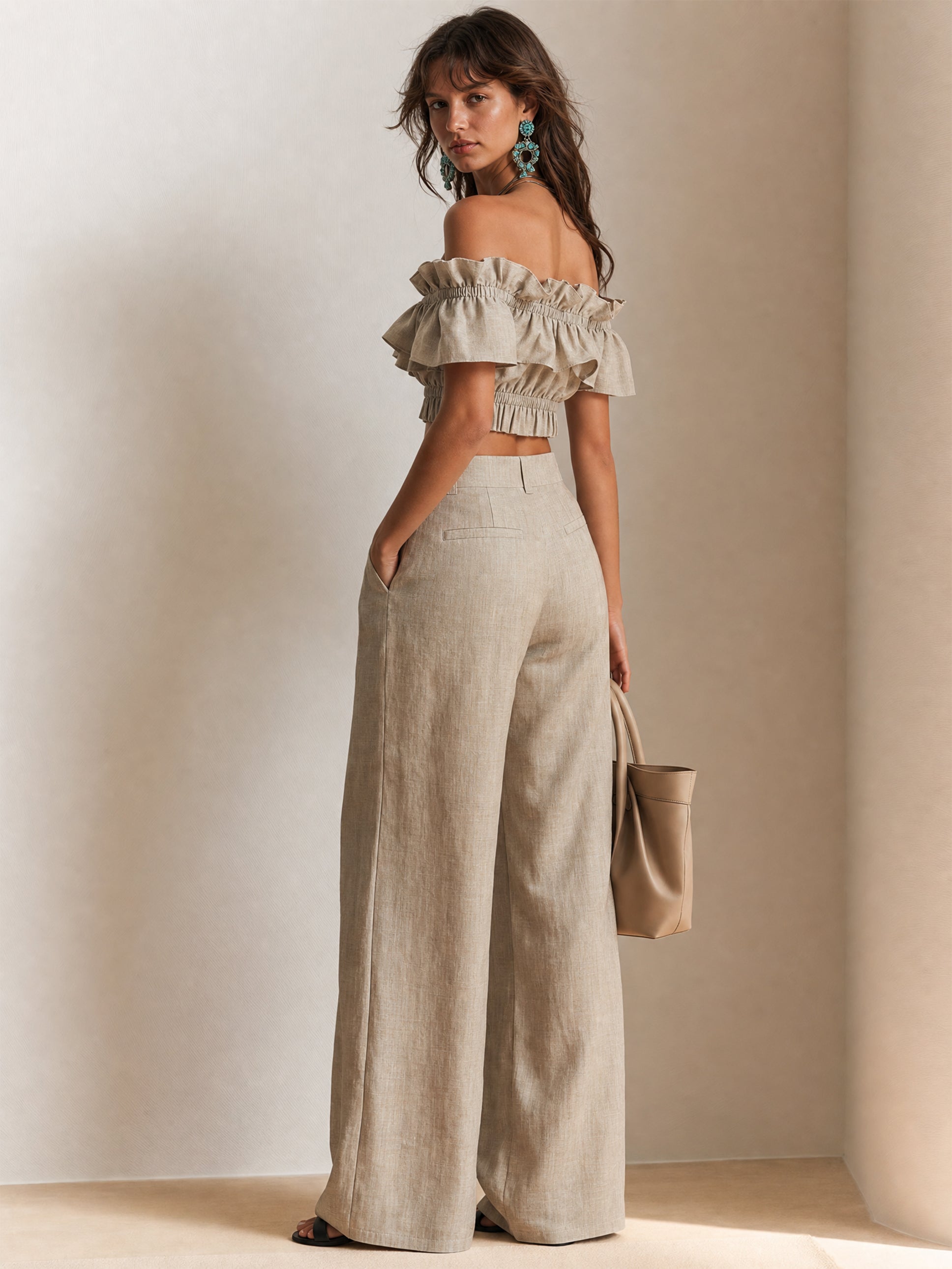 Elegant Off-Shoulder Ruffled Crop Top & Wide-Leg Pants Two-Piece Set