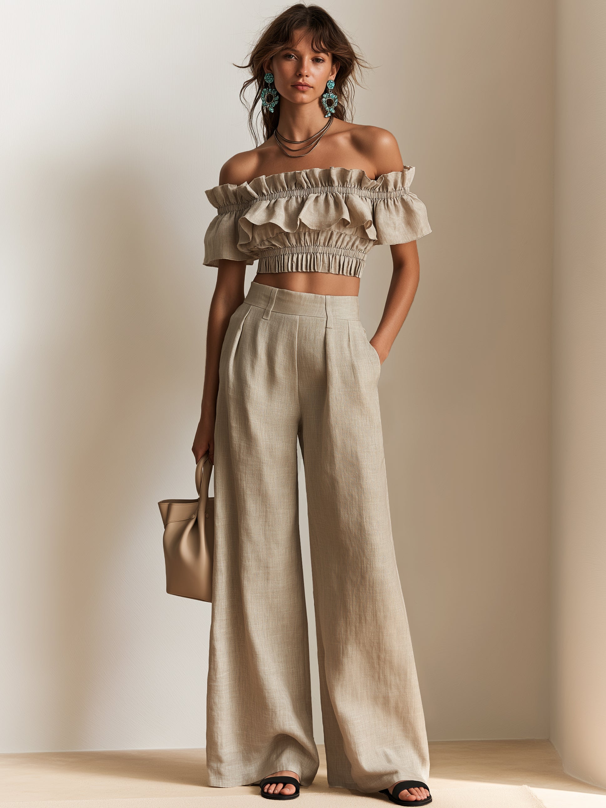 Elegant Off-Shoulder Ruffled Crop Top & Wide-Leg Pants Two-Piece Set