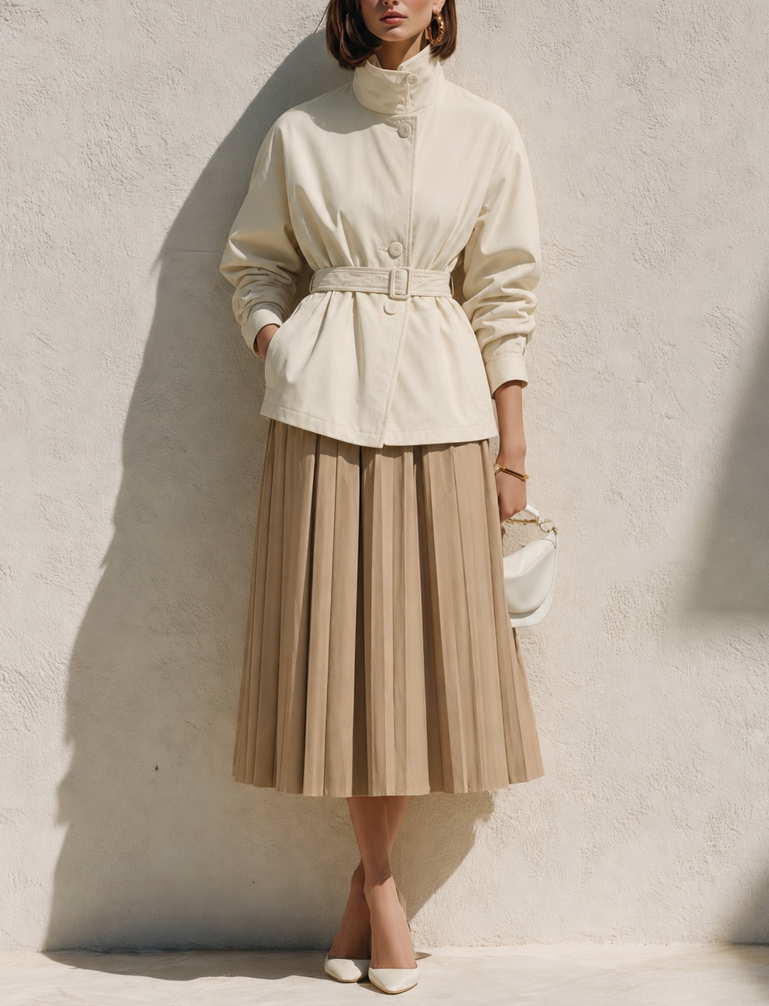 Off-white Short Trench Coat And Pleated Skirt Set