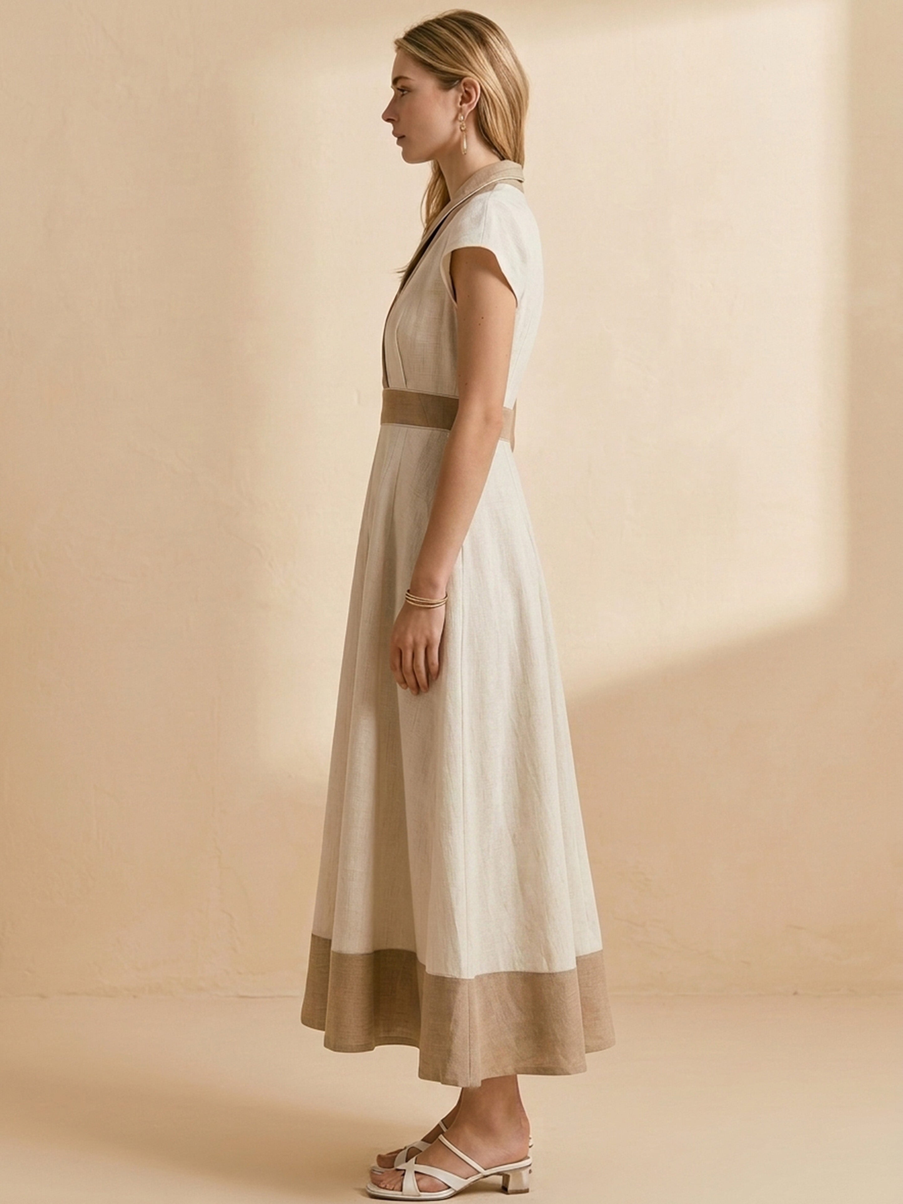 Elegant Ivory Linen Blend Dress: Short Sleeve V-Neck Color Block Maxi Dress