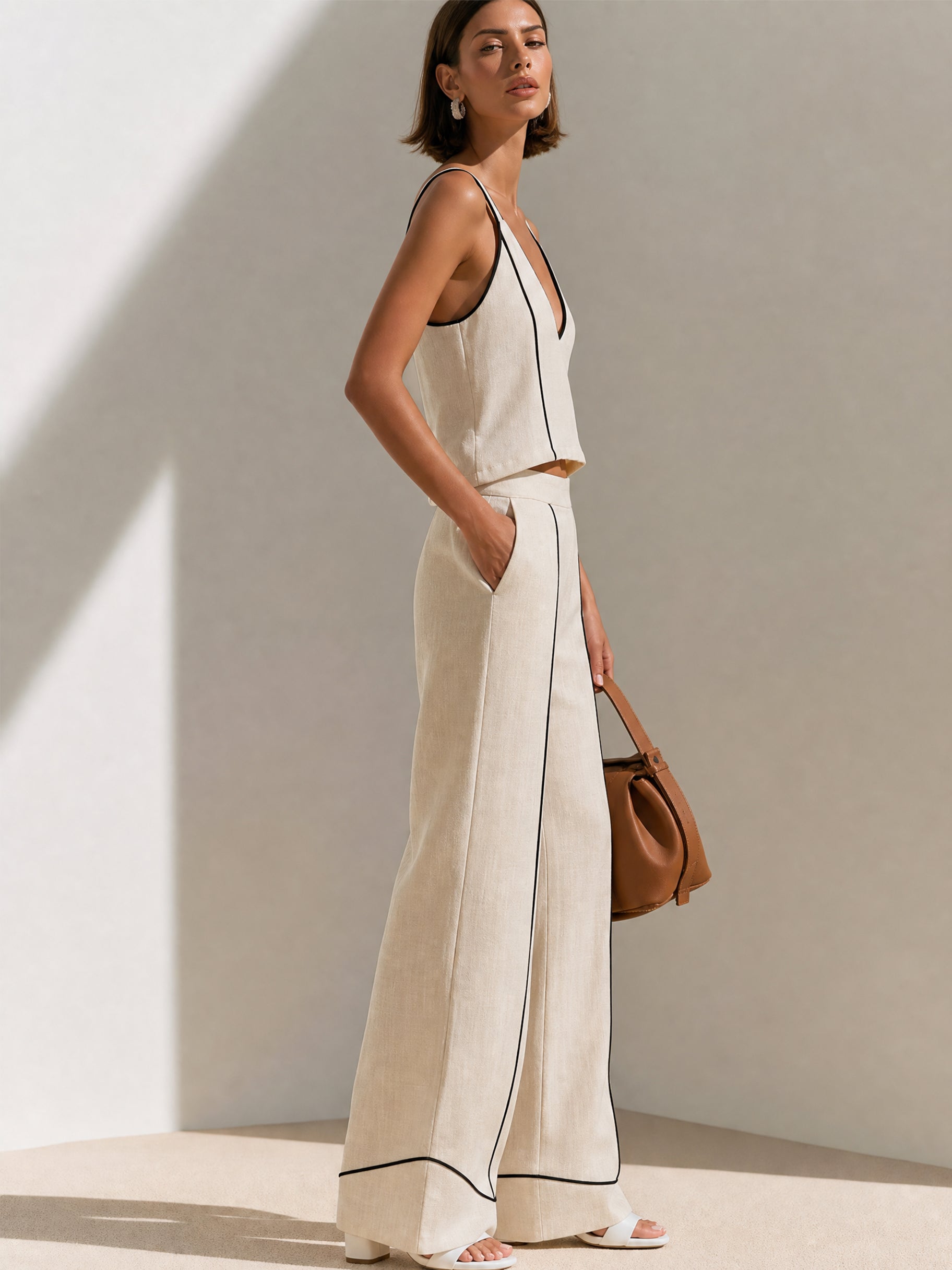 Contrast Piping V-Neck Cami Top & Wide Leg Pants Two Piece Set