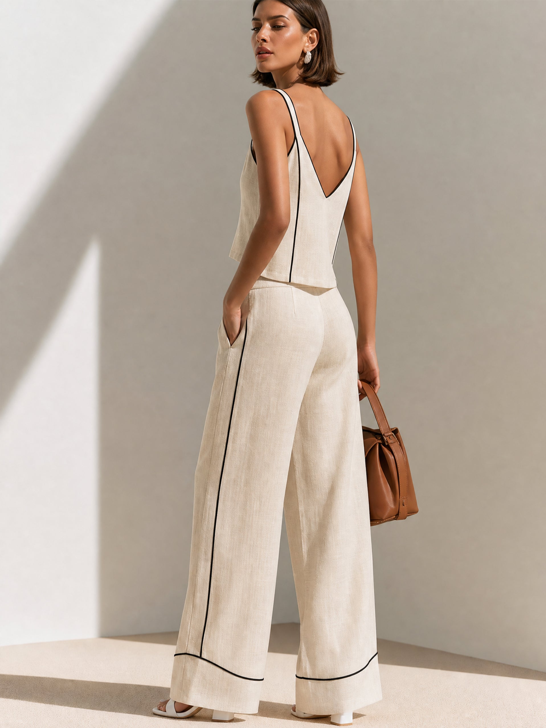 Contrast Piping V-Neck Cami Top & Wide Leg Pants Two Piece Set