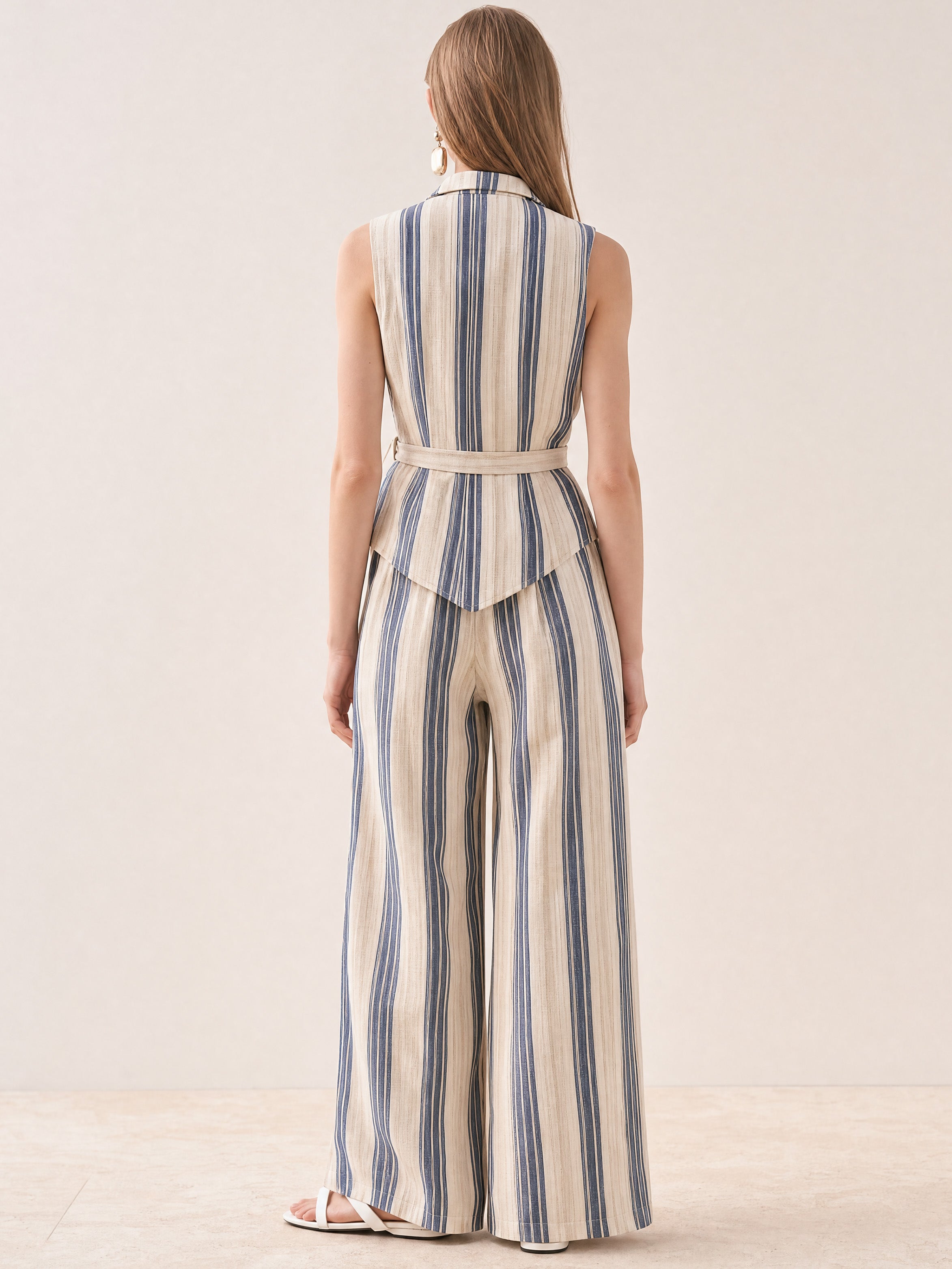 Elegant Blue Striped Cotton-Linen Blend Set: Sleeveless Tie-Front Vest And Wide-Leg Trousers