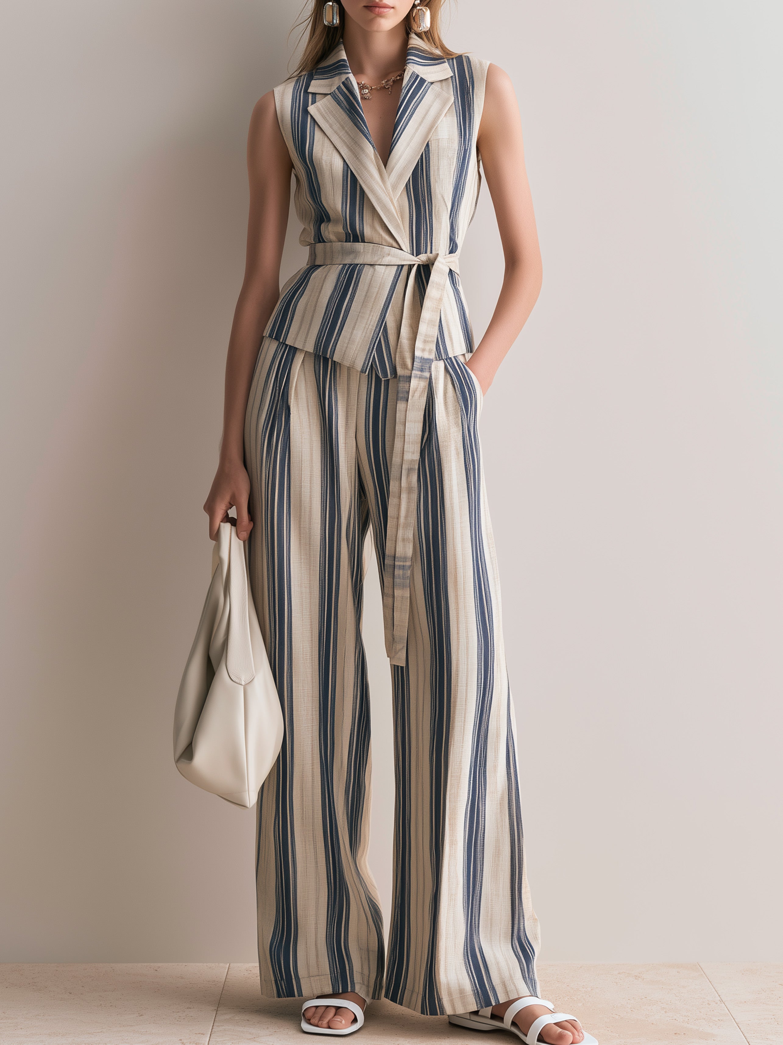 Elegant Blue Striped Cotton-Linen Blend Set: Sleeveless Tie-Front Vest And Wide-Leg Trousers