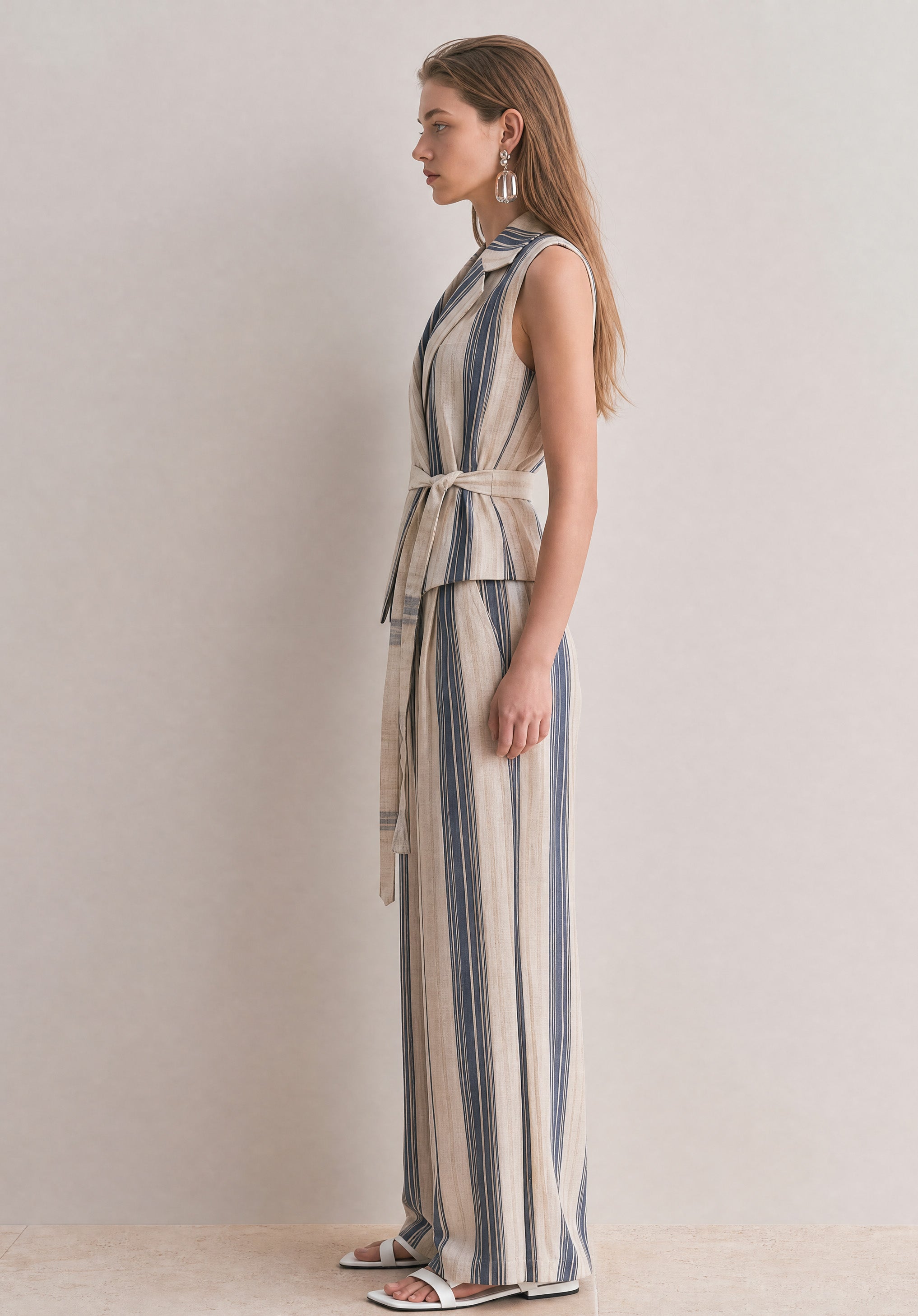 Elegant Blue Striped Cotton-Linen Blend Set: Sleeveless Tie-Front Vest And Wide-Leg Trousers