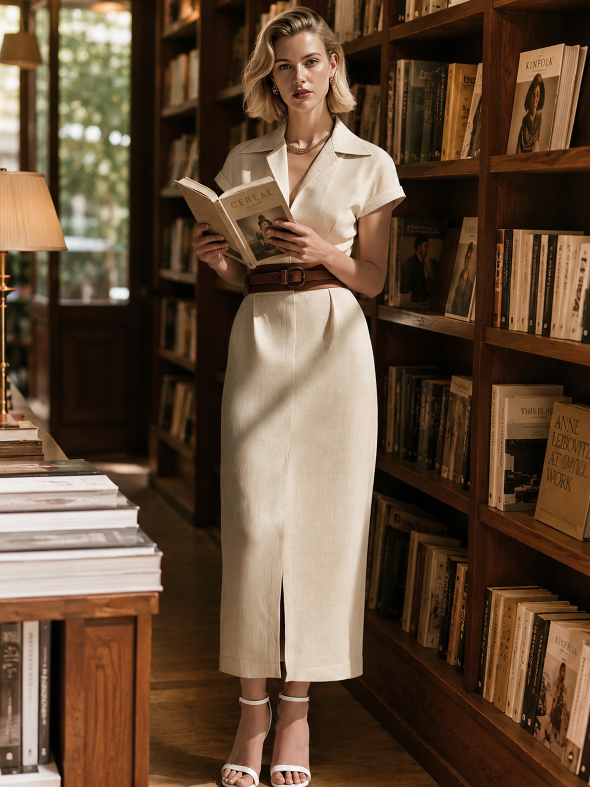 Elegant Ivory Dress: Short Sleeve V-Neck Belted Midi Dress