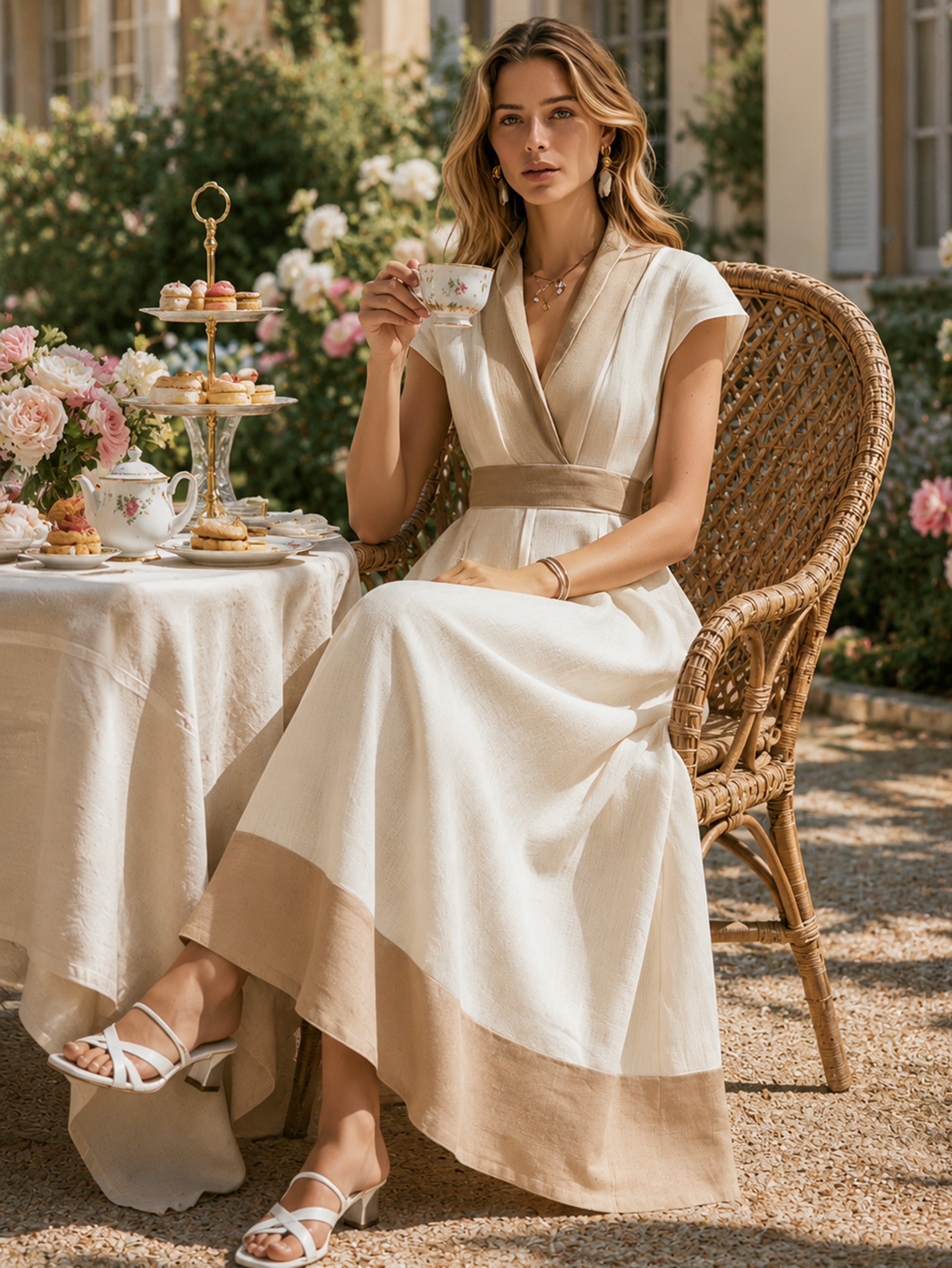 Elegant Ivory Linen Blend Dress: Short Sleeve V-Neck Color Block Maxi Dress