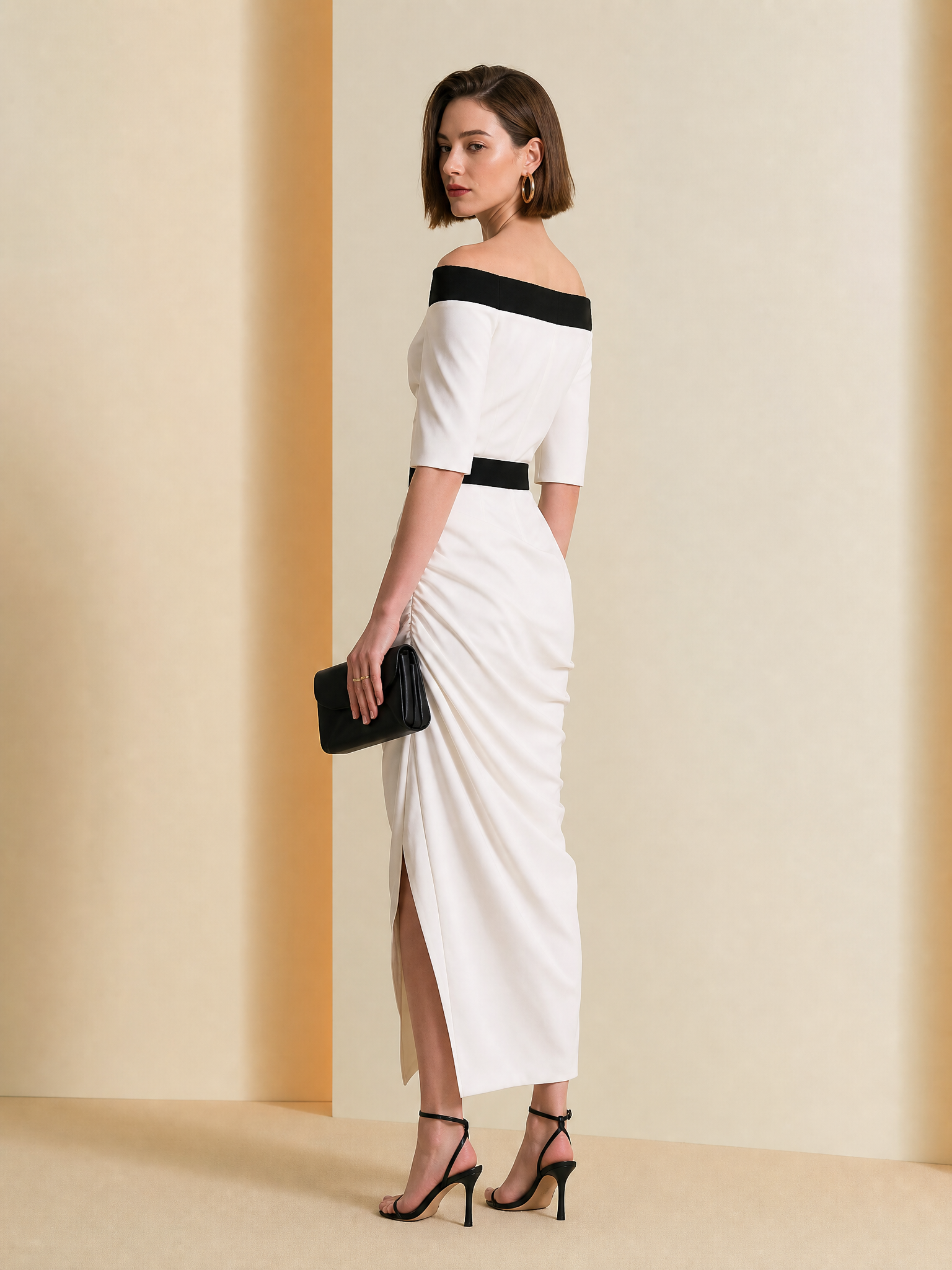 Elegant White Black Off-Shoulder Buckle Belt Ruched Slit Midi Dress