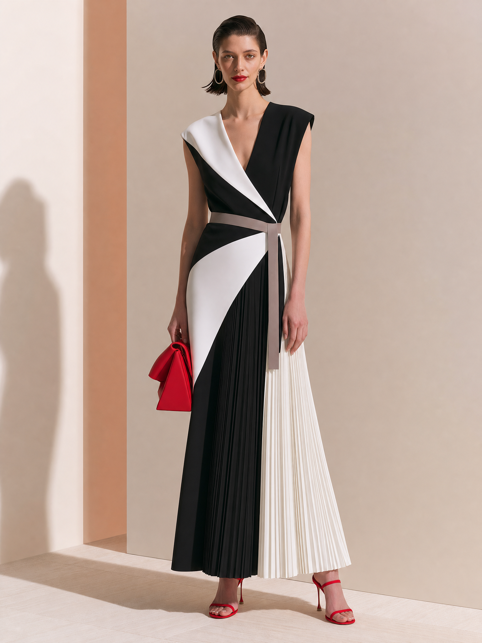 Elegant Colorblock Geometric V-Neck Draped Pleated Work Dress