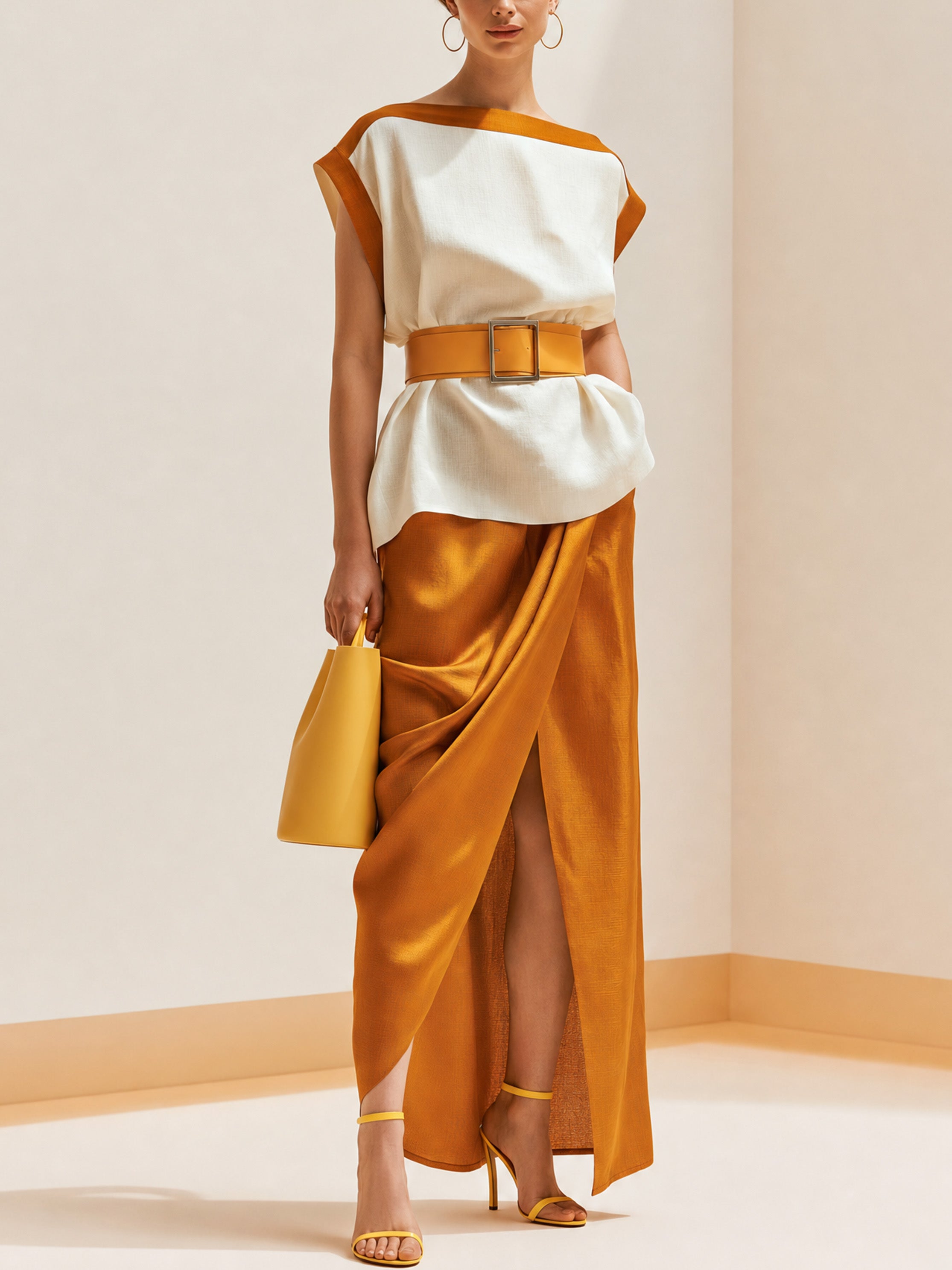 Elegant Sophisticated White-Orange Boat Neck Linen Set