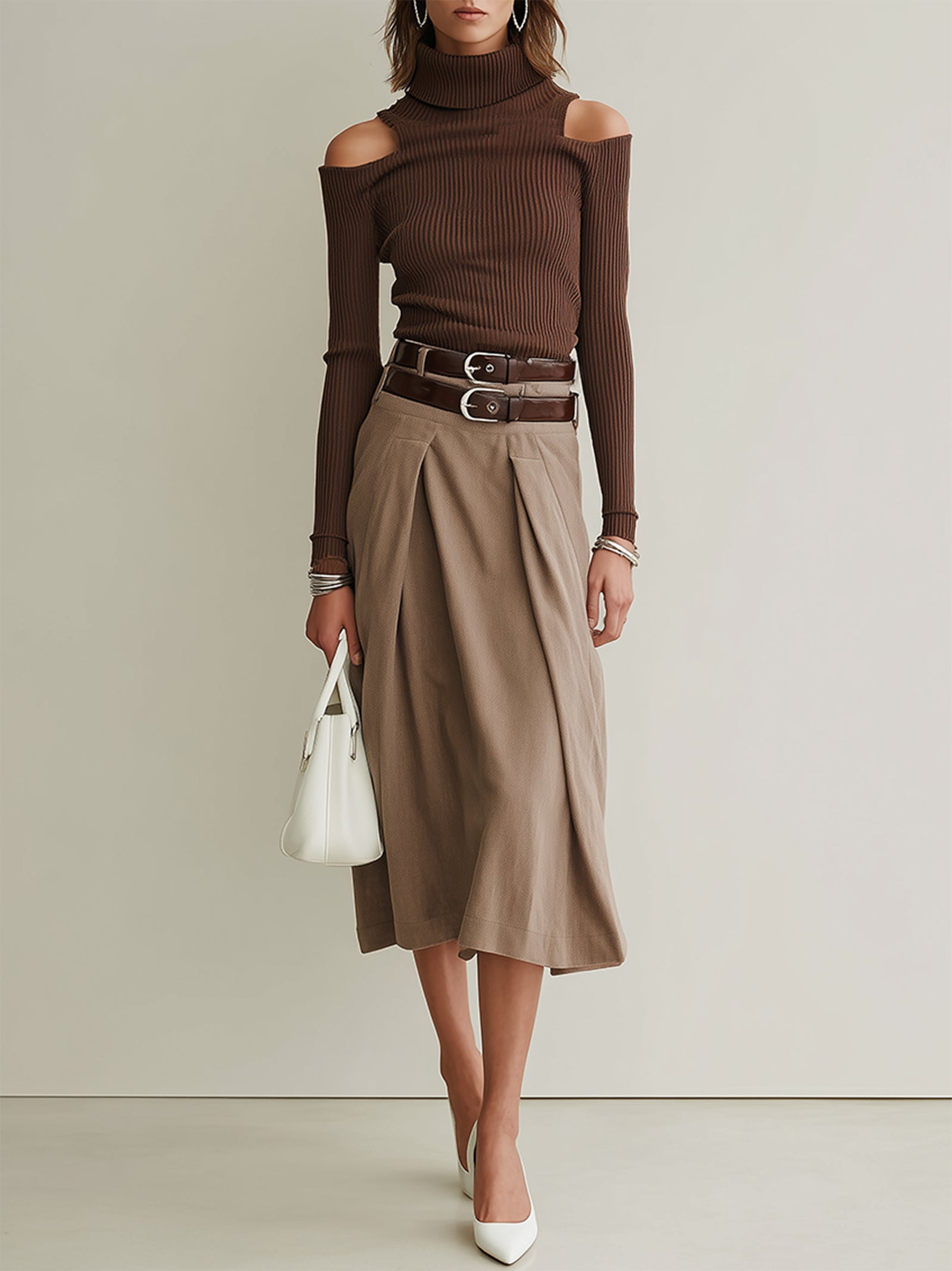 Brown Off-shoulder Knit Top And Skirt Set