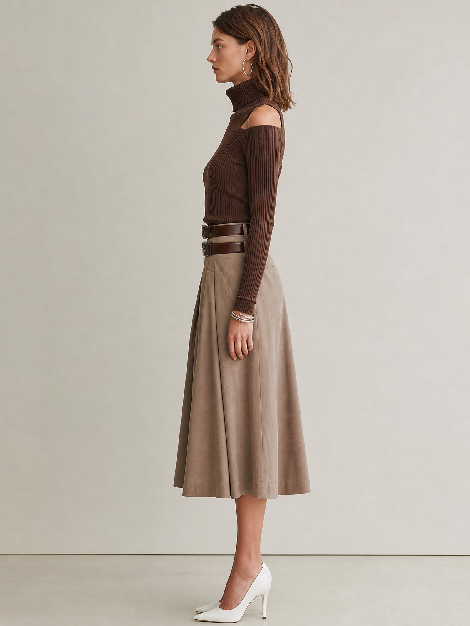 Brown Off-shoulder Knit Top And Skirt Set