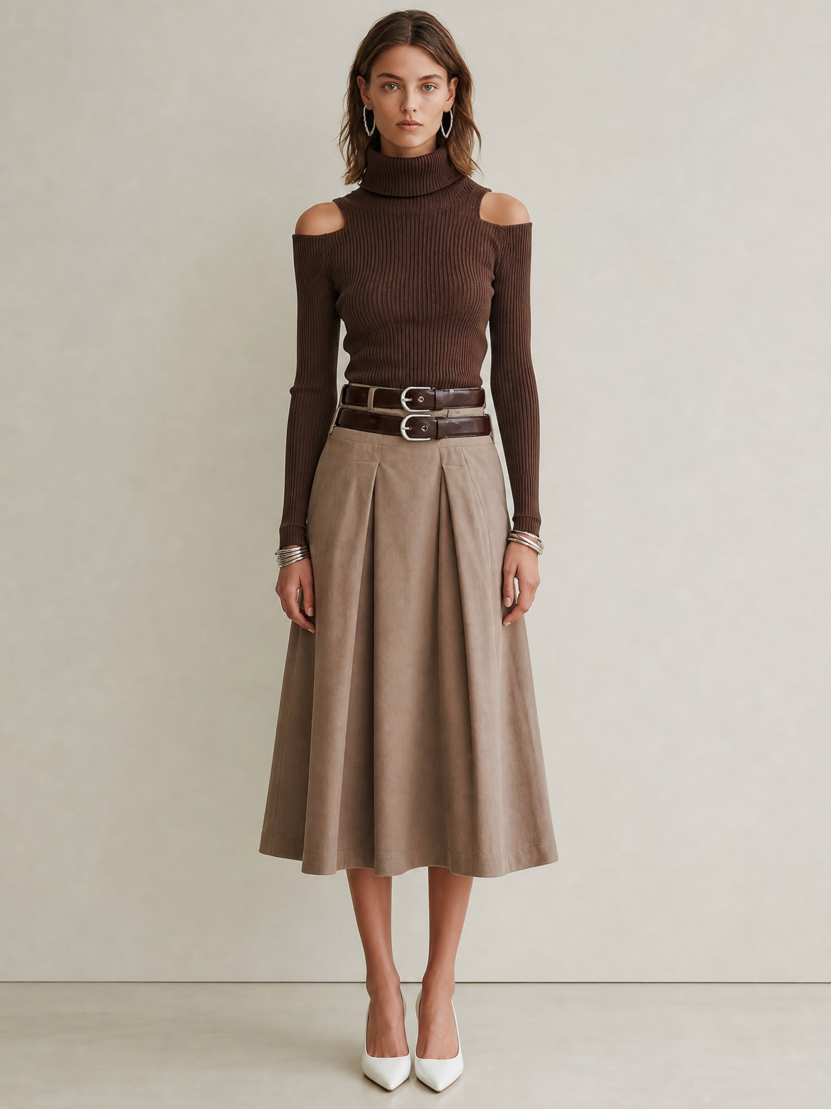 Brown Off-shoulder Knit Top And Skirt Set