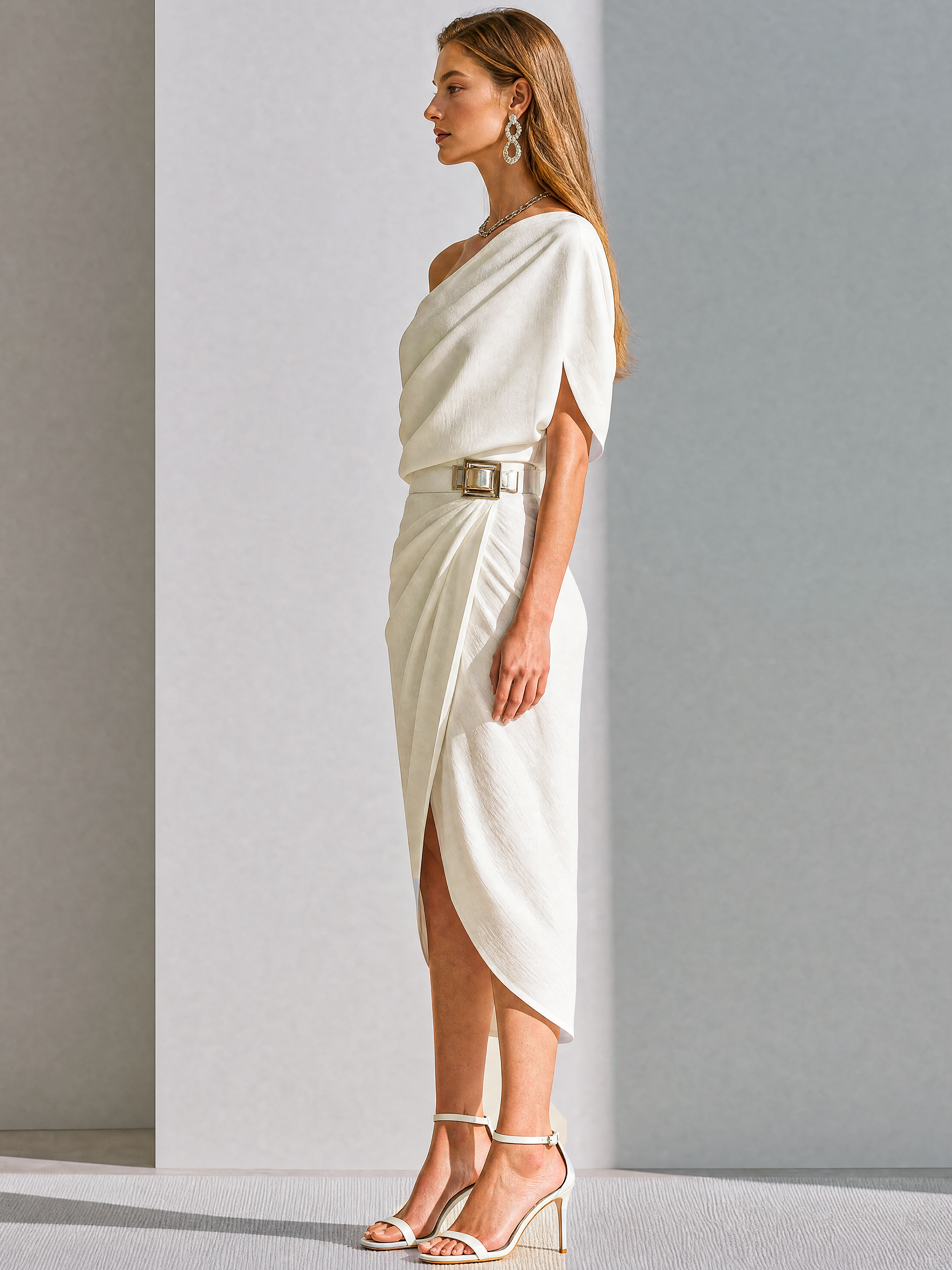 Elegant White Draped Midi Dress