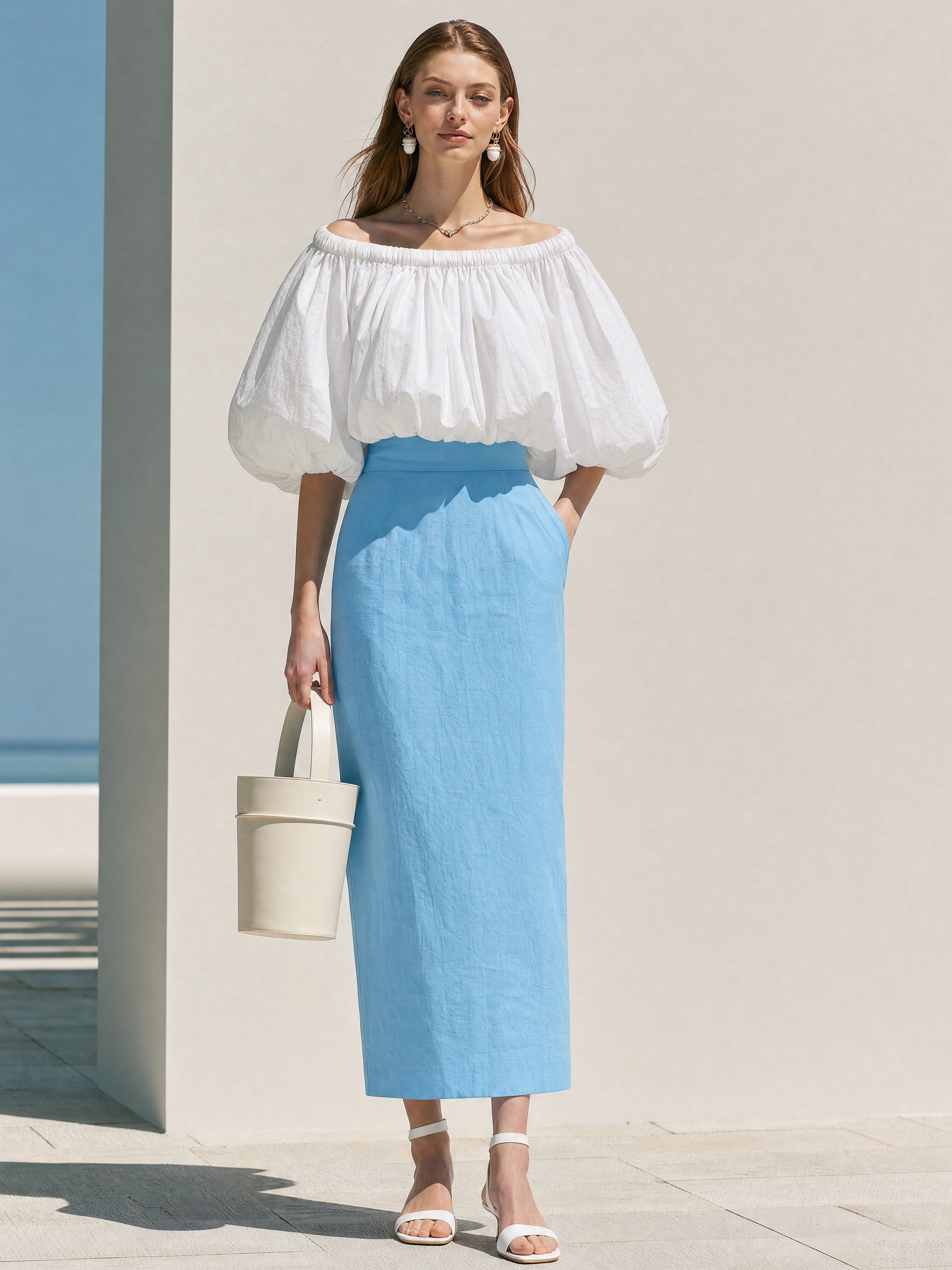 Elegant White Blouse &Sky Blue Linen Blend Midi Skirt Set