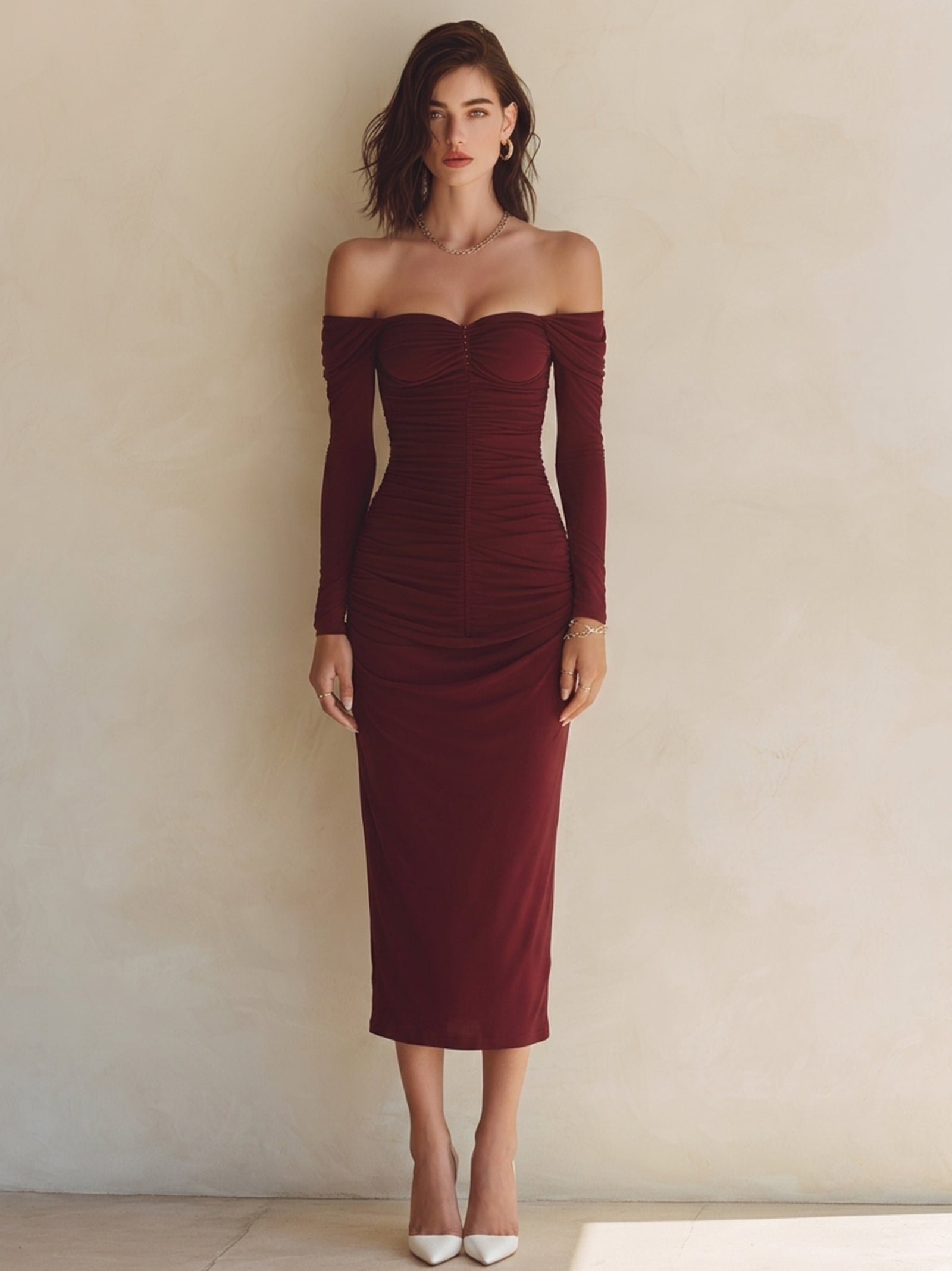 Wine Red Off-the-shoulder Long-sleeve Bodycon Dress