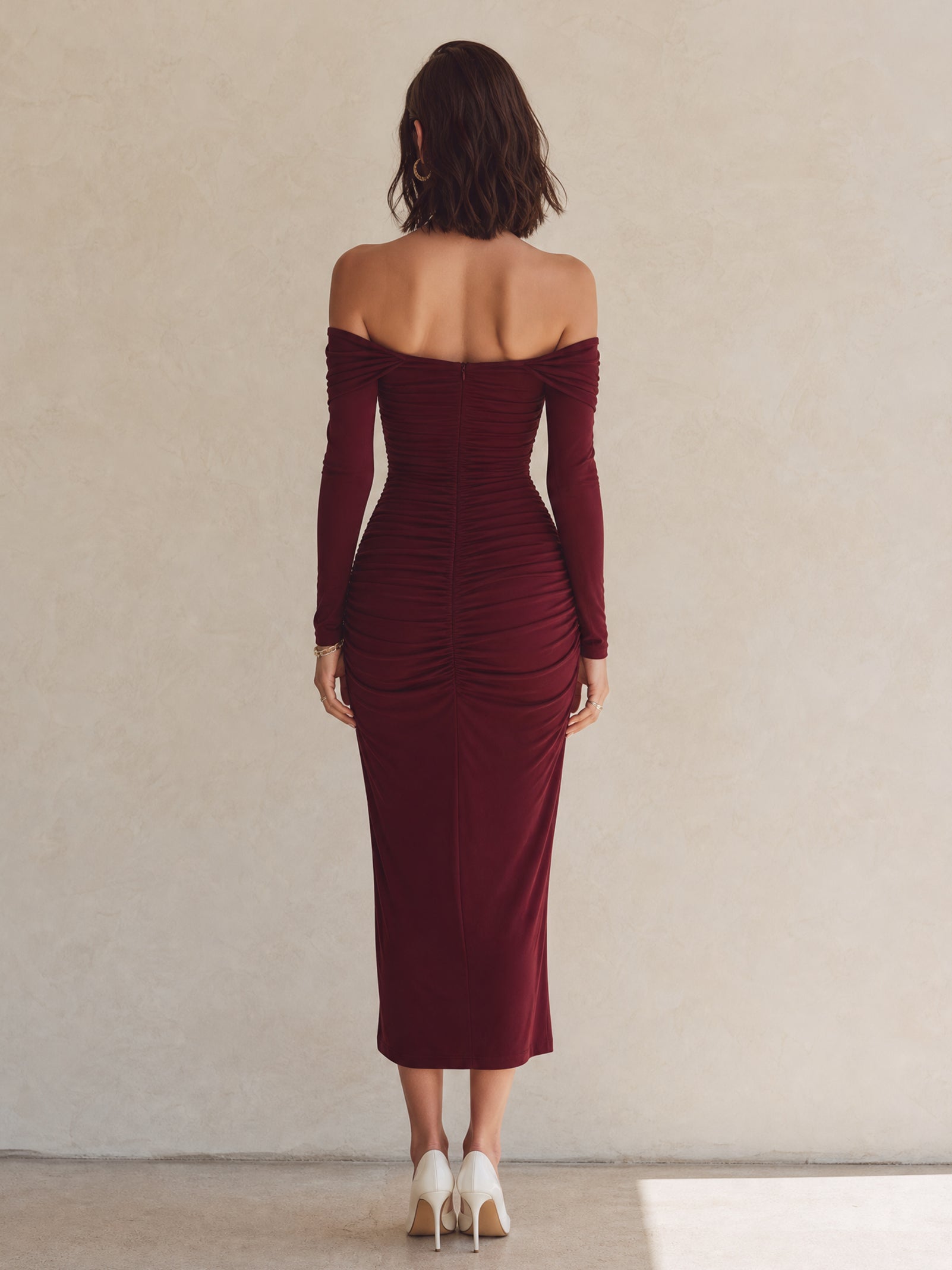 Wine Red Off-the-shoulder Long-sleeve Bodycon Dress