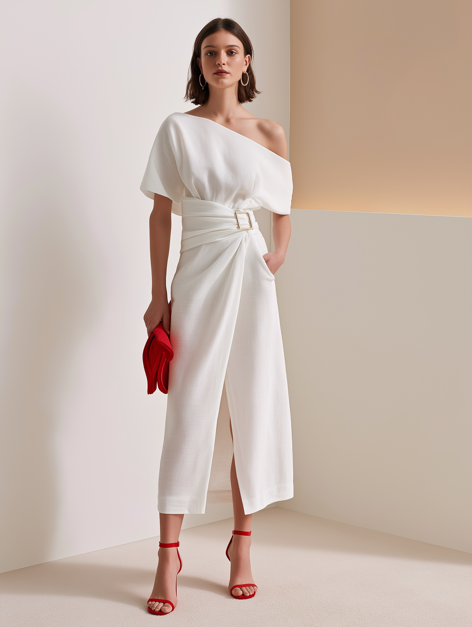 Elegant Beige Asymmetric Draped Waist Work-to-Vacation Dress