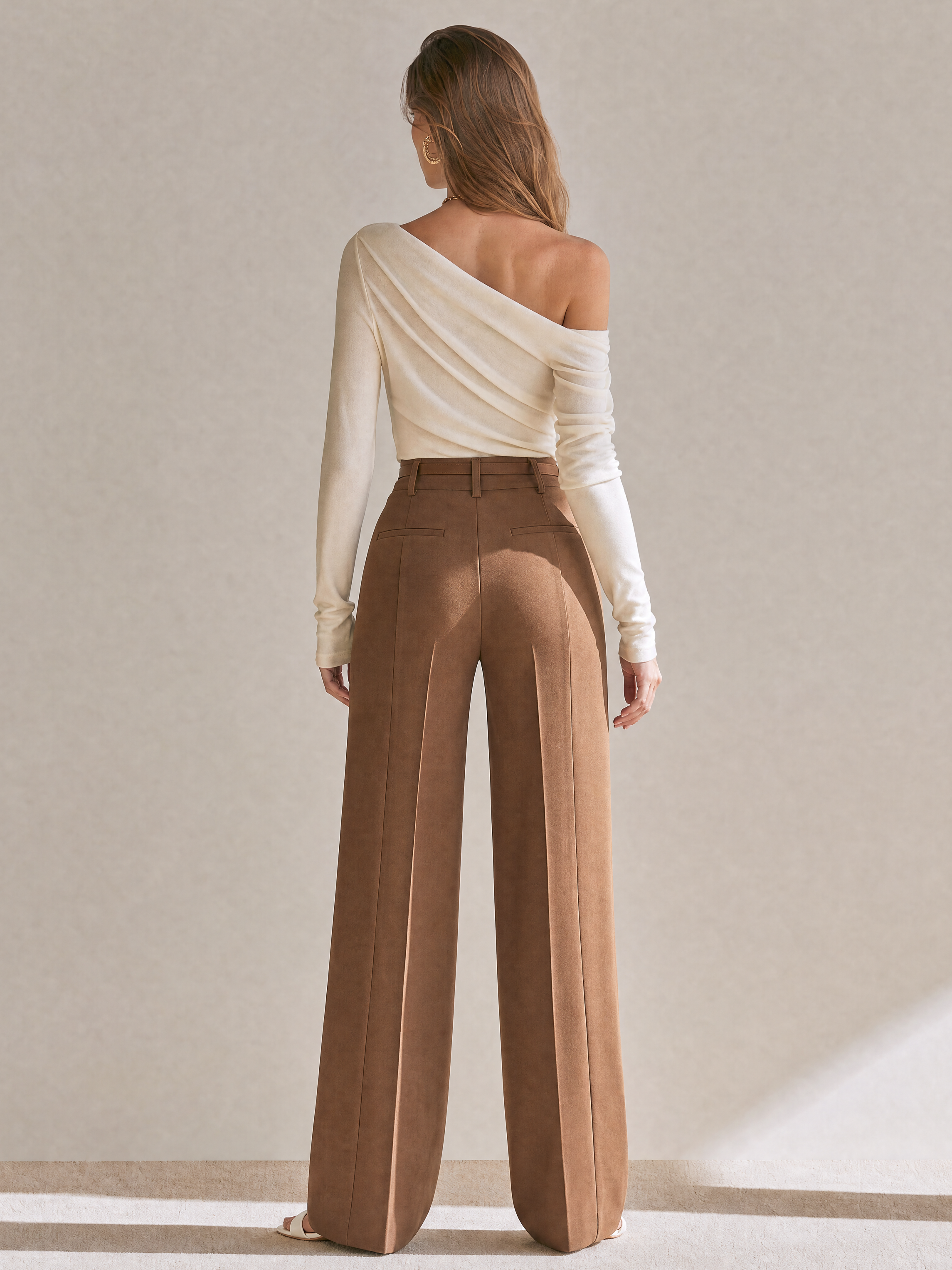 Elegant Ribbed Knit Top & Coffee Brown Wide Leg Pants Set