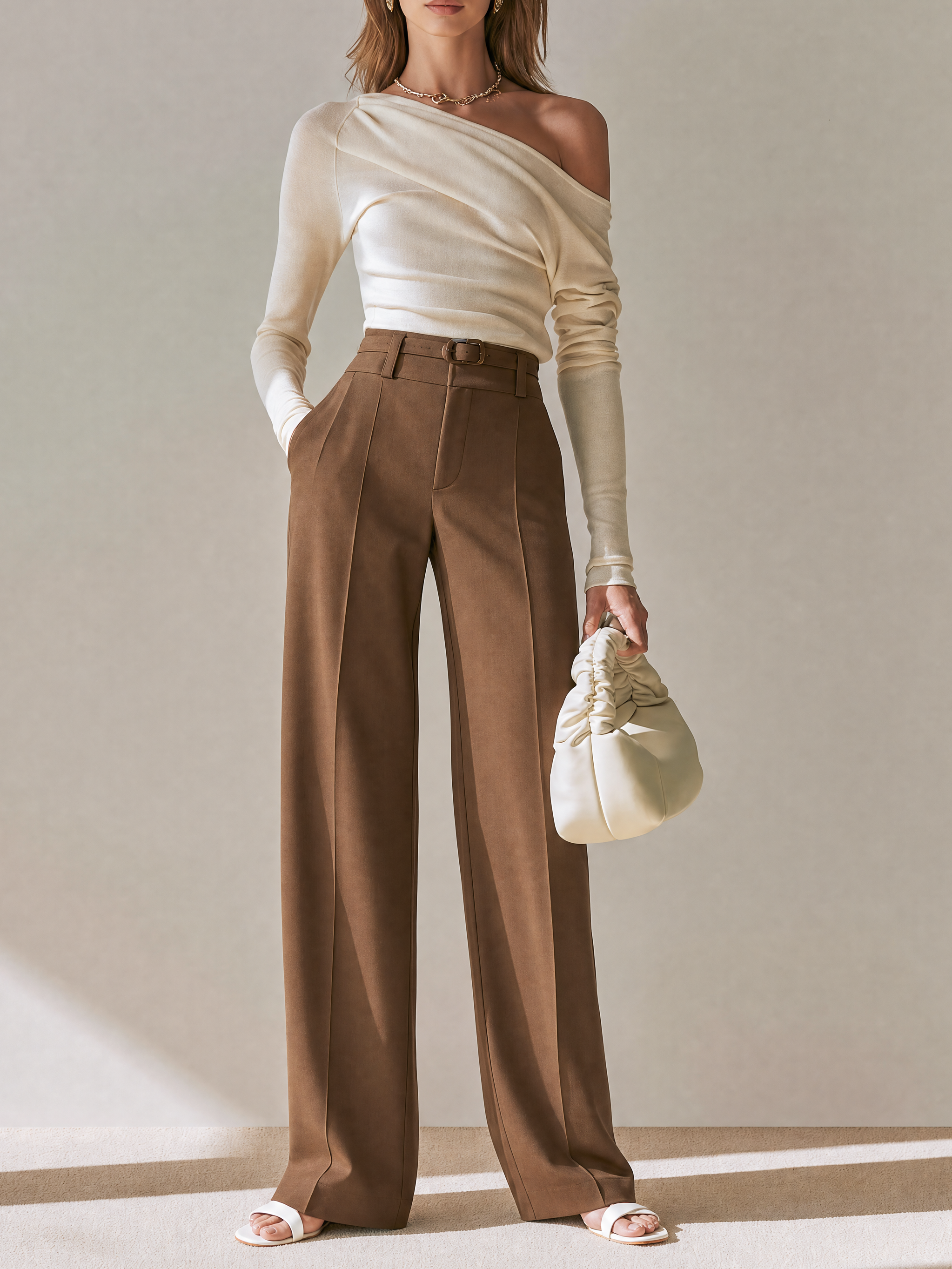 Elegant Ribbed Knit Top & Coffee Brown Wide Leg Pants Set