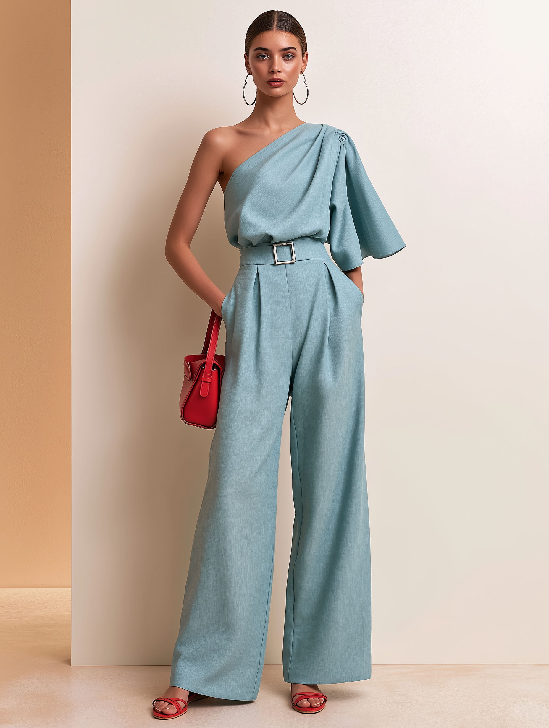 Elegant Water Blue One Shoulder Pleated High Rise Jumpsuit