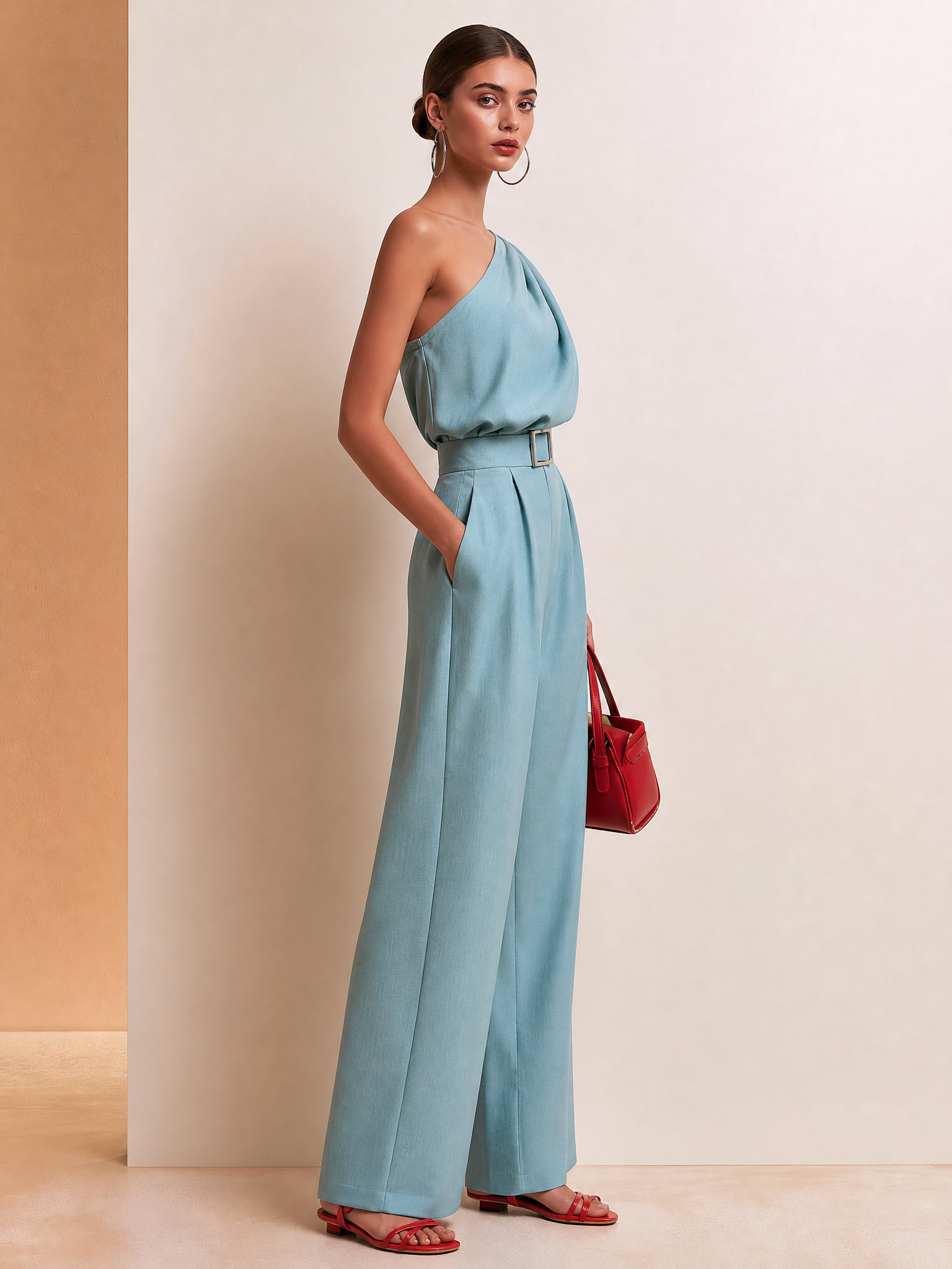 Elegant Water Blue One Shoulder Pleated High Rise Jumpsuit