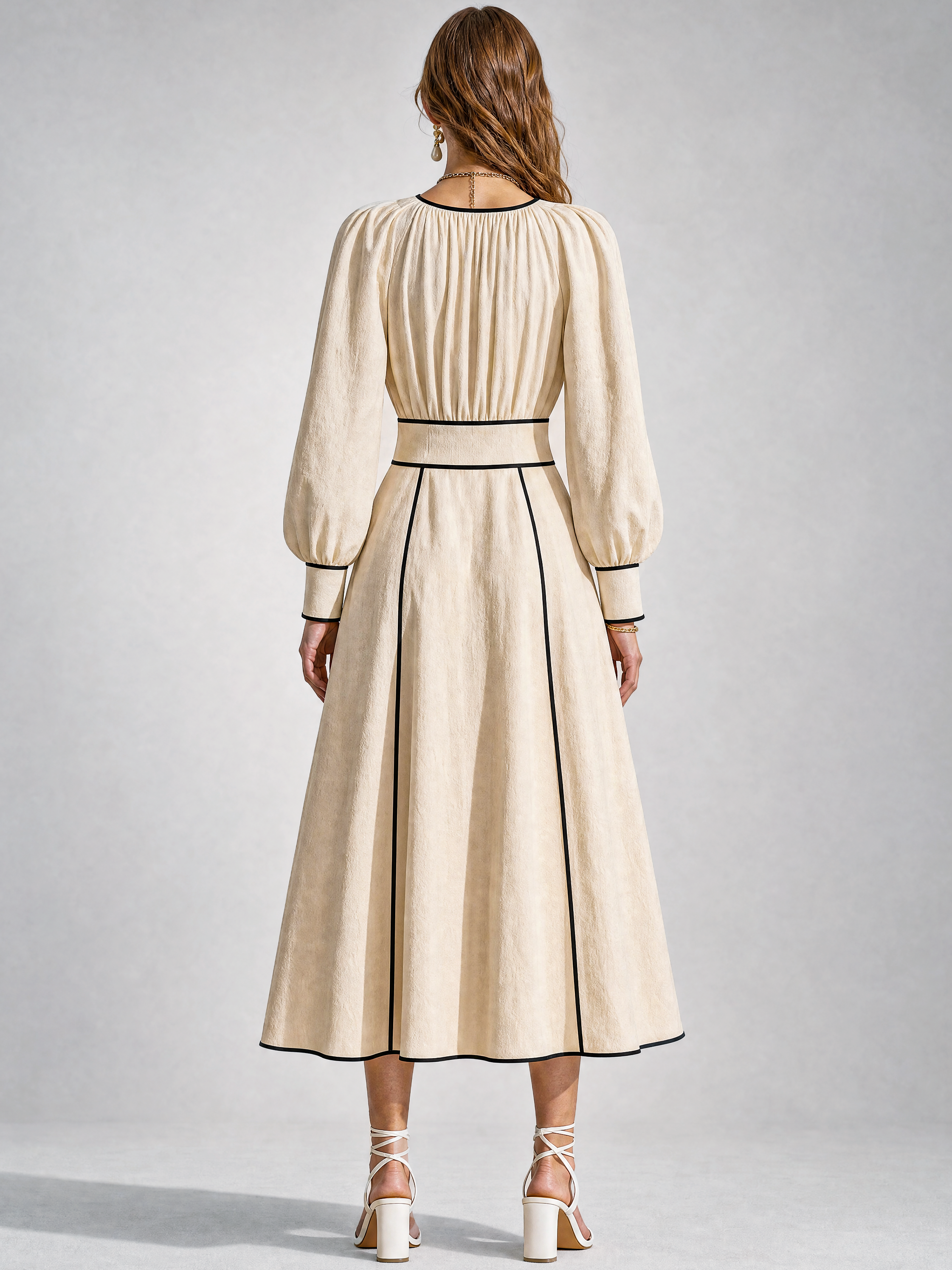 Elegant Linen Blend Tie-Neck Long Sleeve Midi Dress