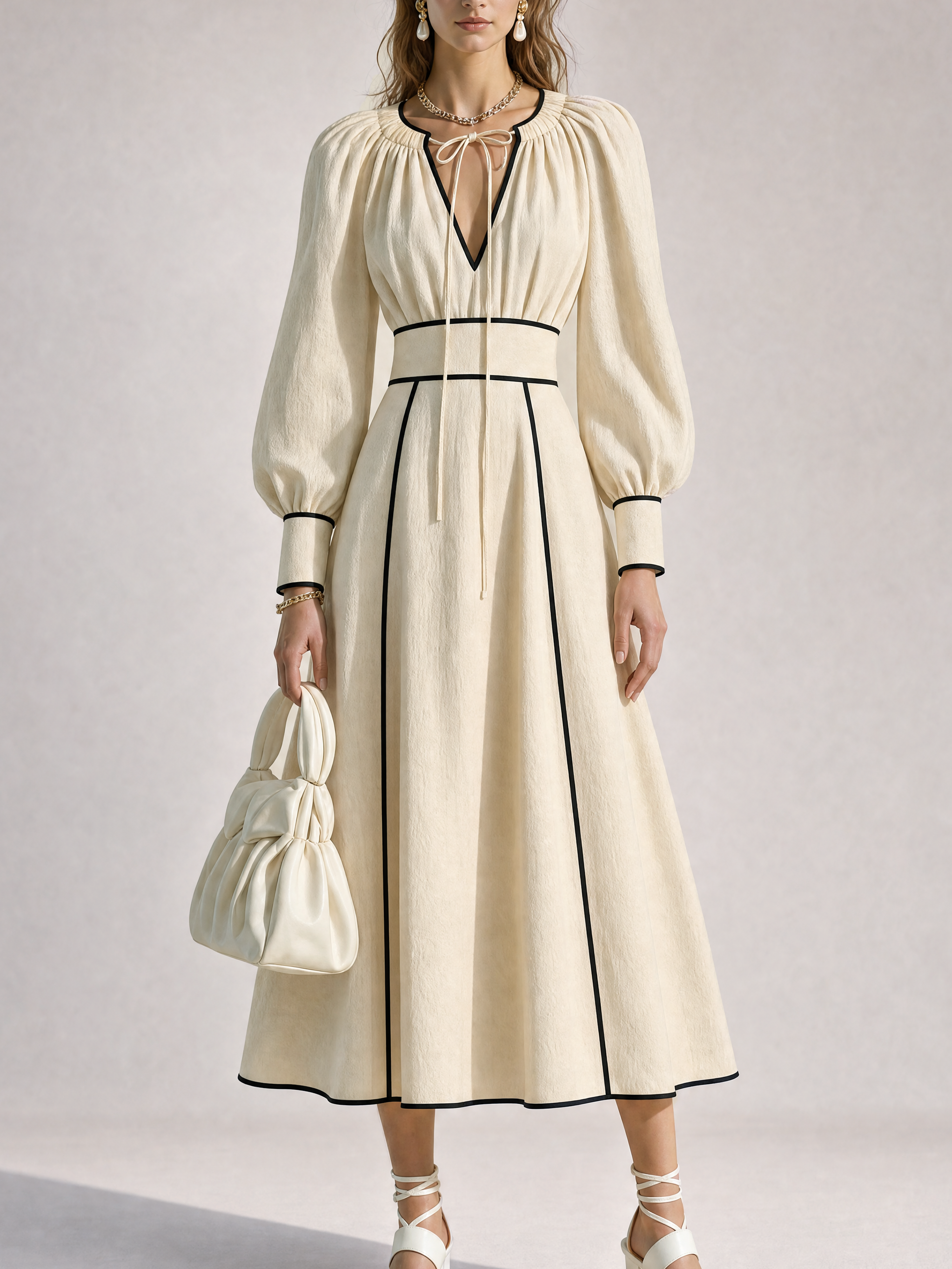 Elegant Linen Blend Tie-Neck Long Sleeve Midi Dress