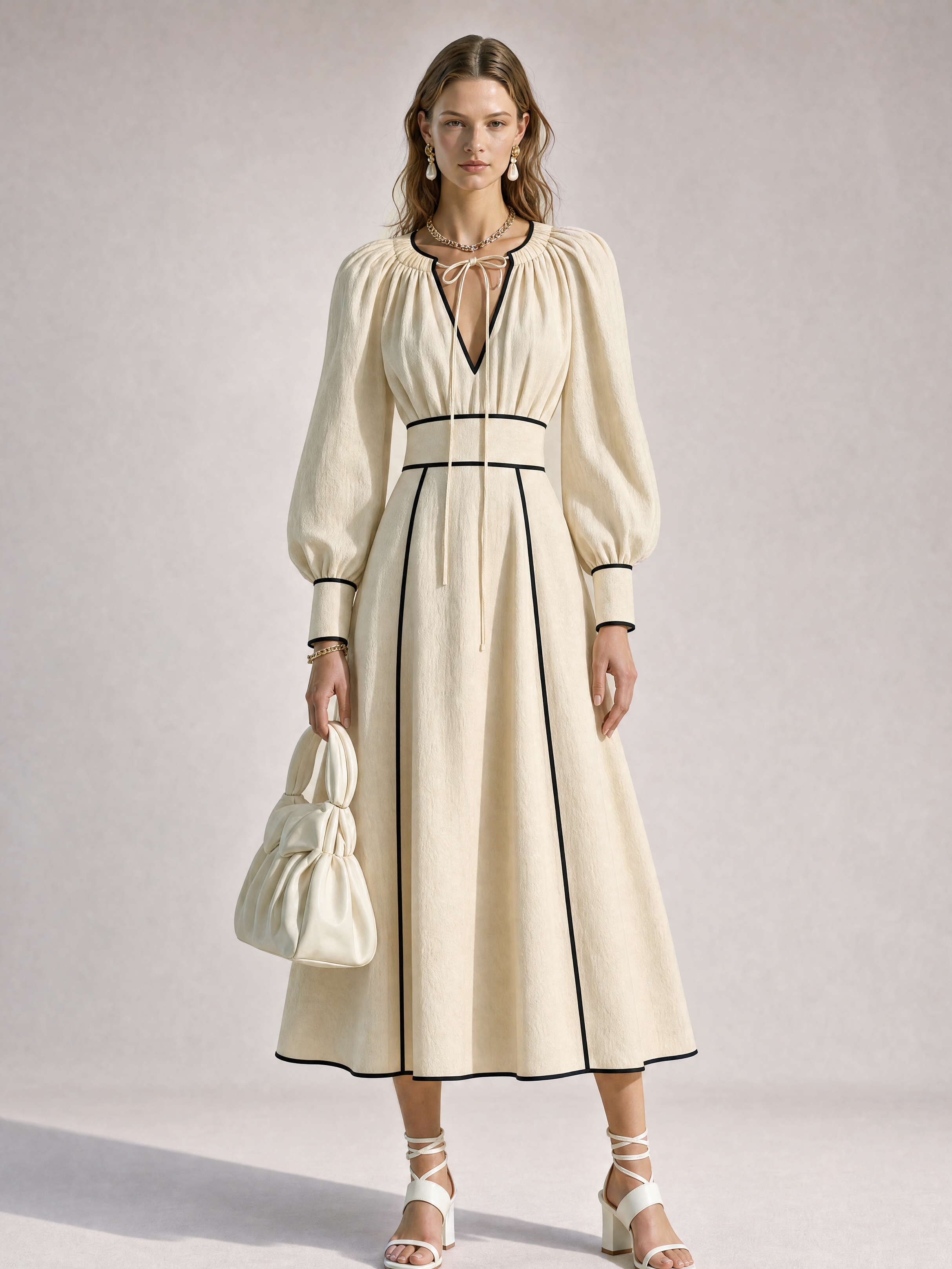 Elegant Linen Blend Tie-Neck Long Sleeve Midi Dress