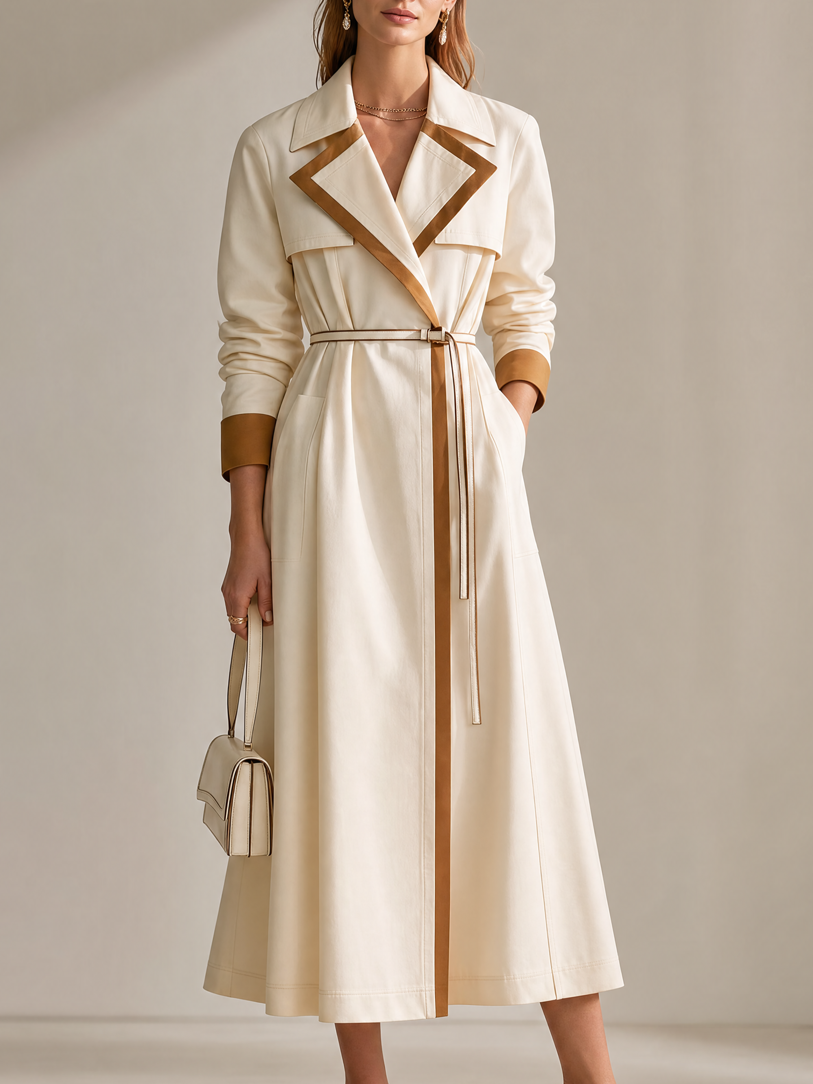 Elegant Khaki Trench Coat Dress With Contrast Trim