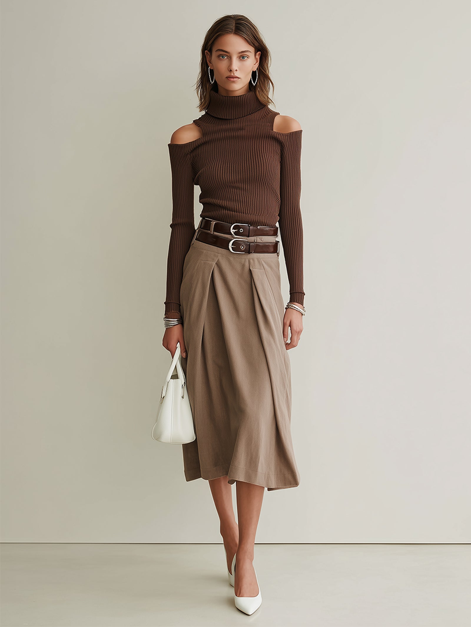 Brown Off-shoulder Knit Top And Skirt Set