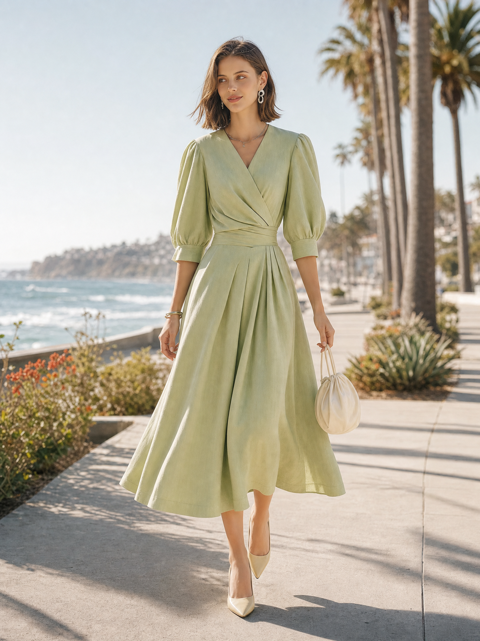 Light Green V-neck Maxi Dress With Puff Sleeves