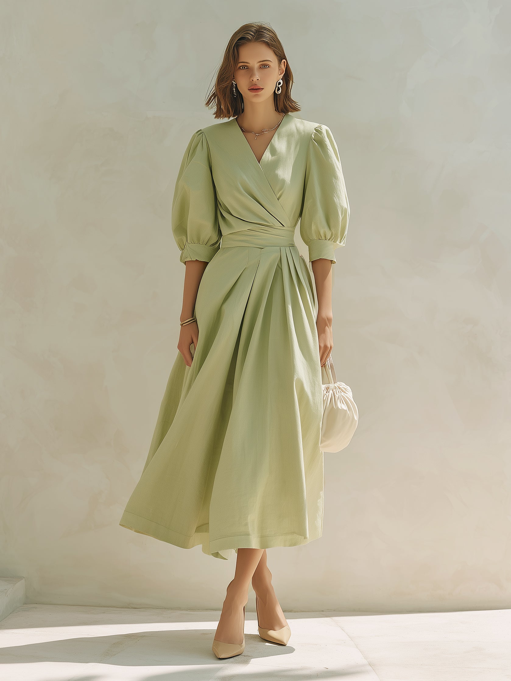 Light Green V-neck Maxi Dress With Puff Sleeves