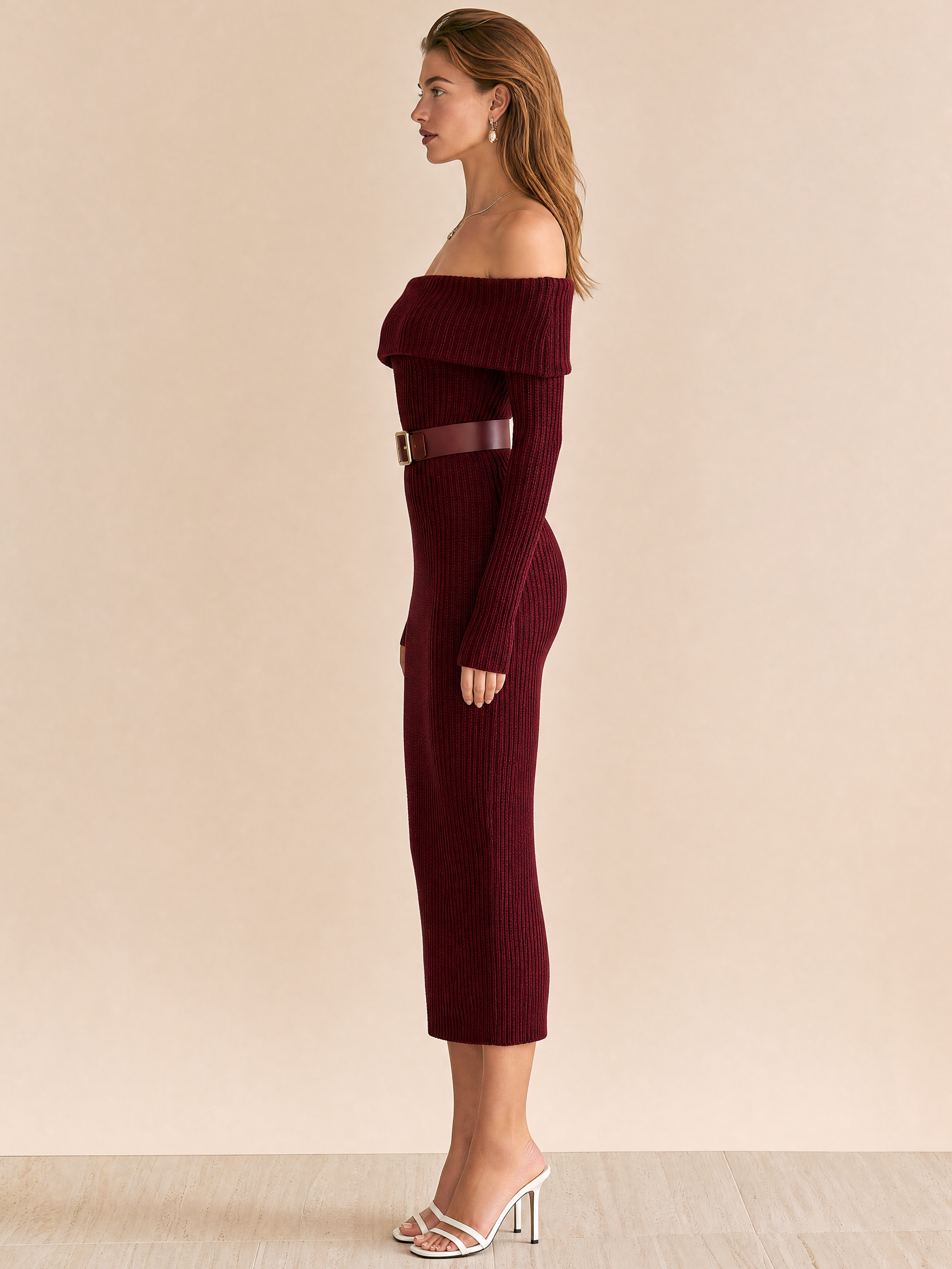 Elegant Burgundy Cotton Blend Ribbed Knit Midi Dress