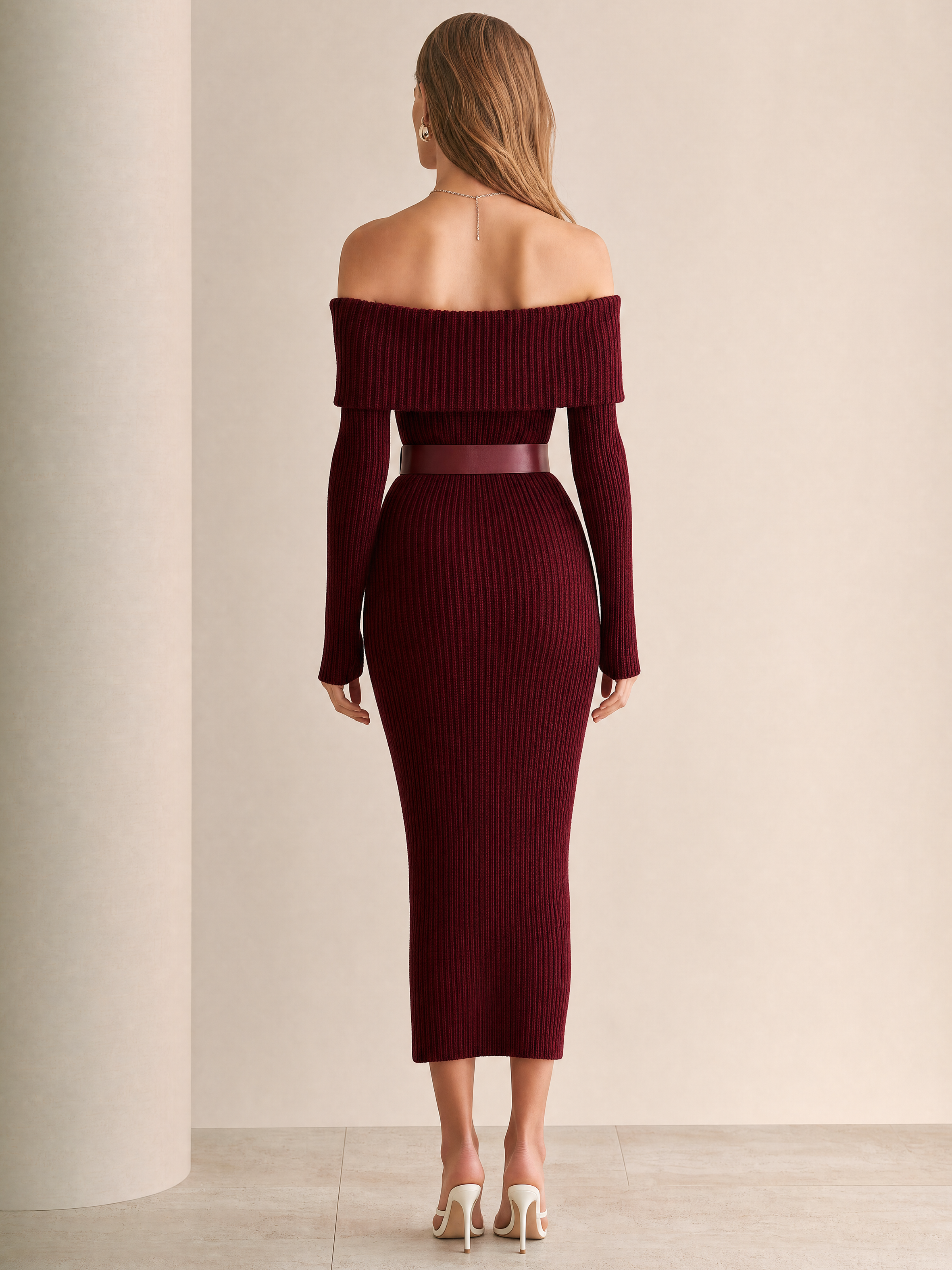 Elegant Burgundy Cotton Blend Ribbed Knit Midi Dress