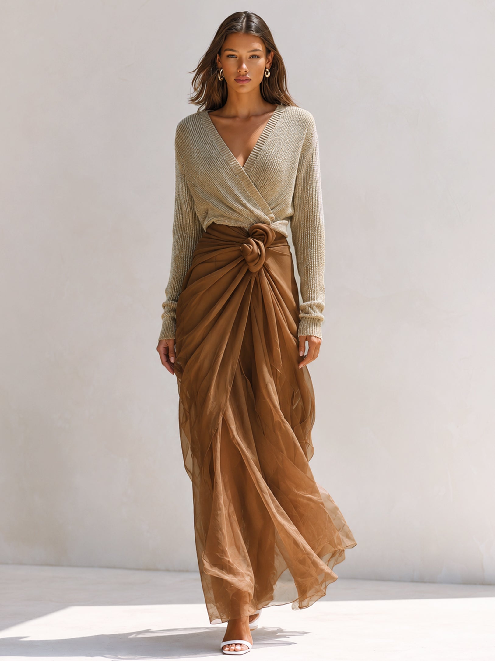 Brown V-neck Knit Top And Tulle Skirt Set