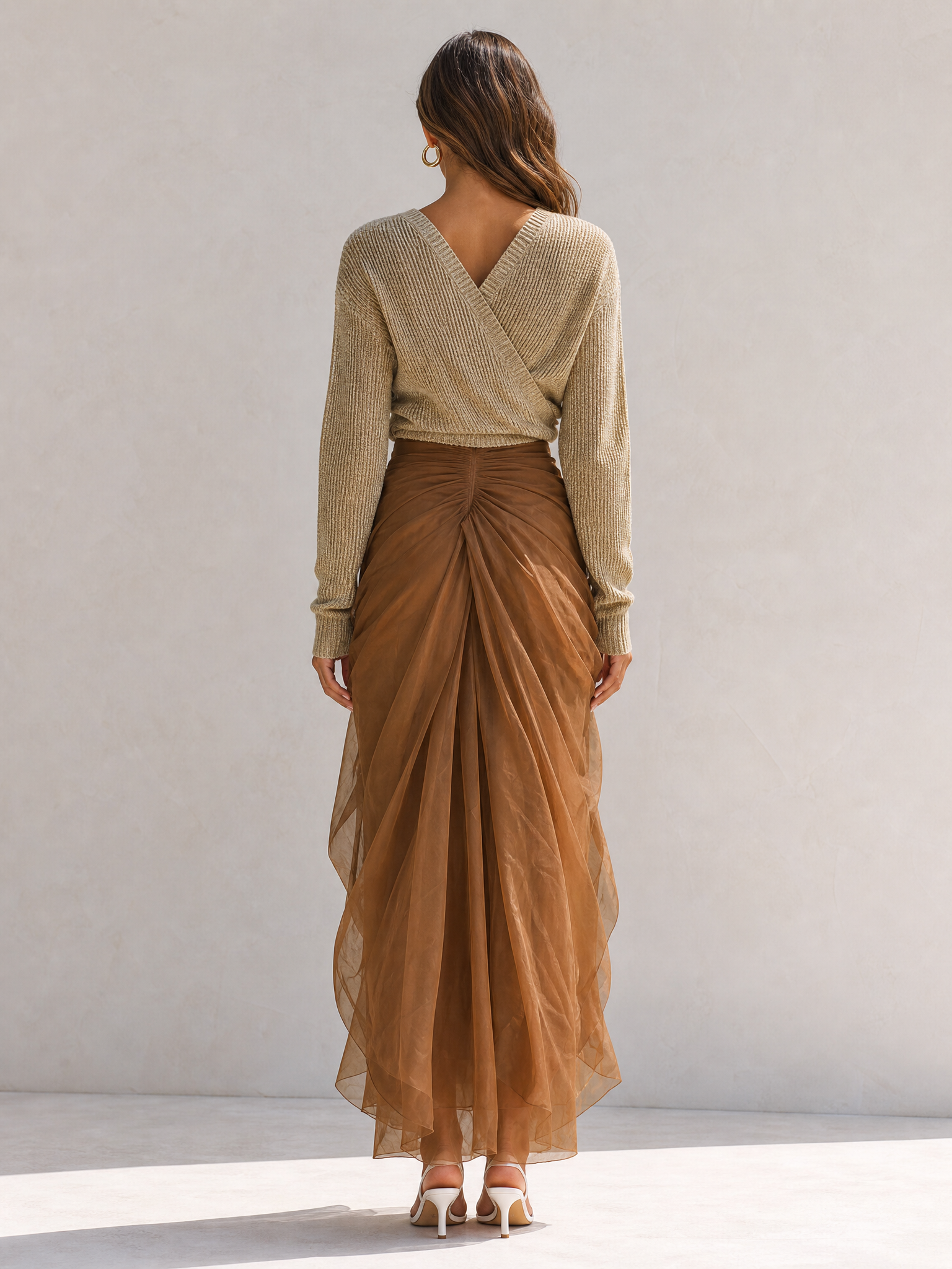 Brown V-neck Knit Top And Tulle Skirt Set
