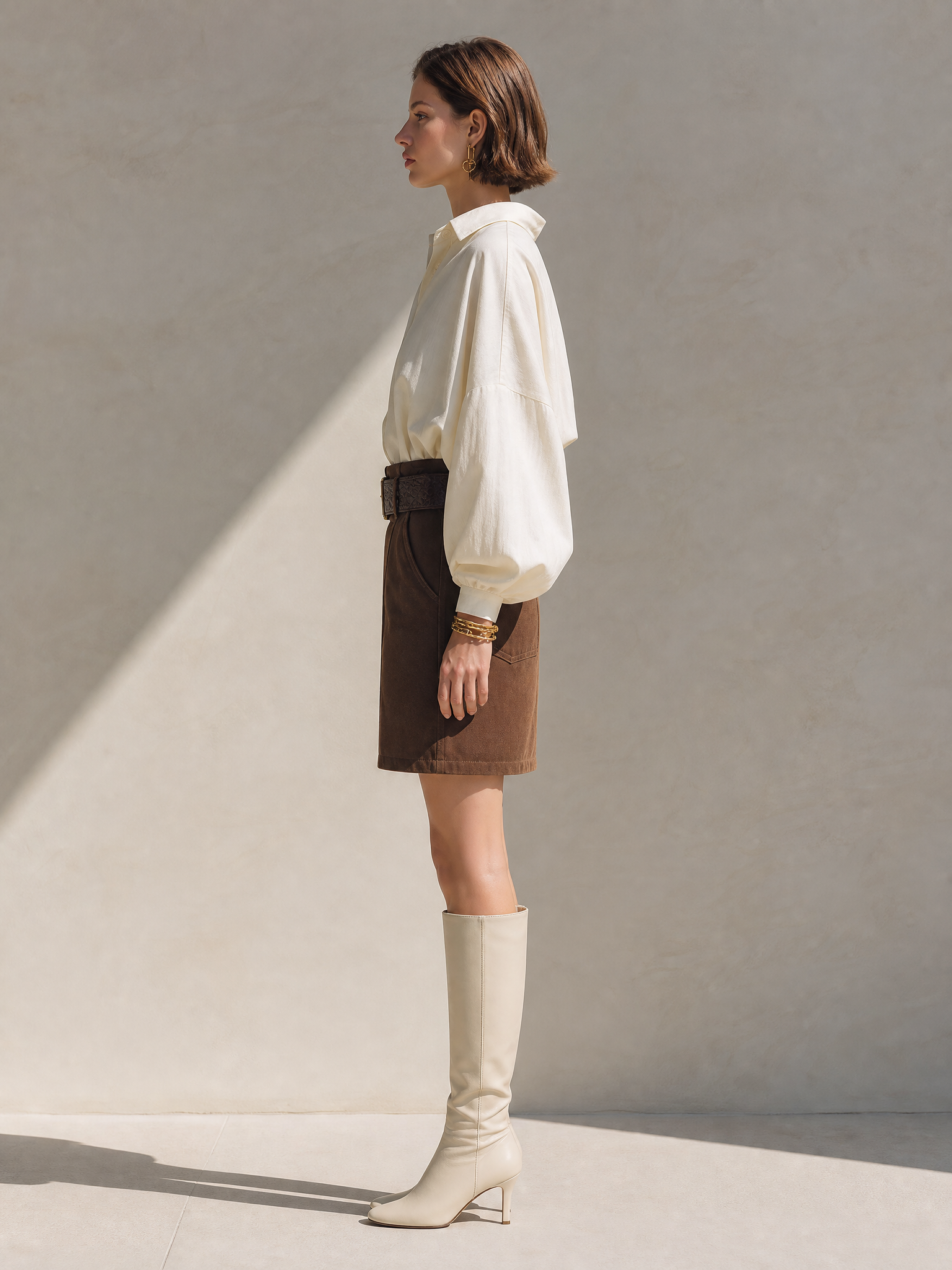 White Shirt And Brown Suede Skirt Set