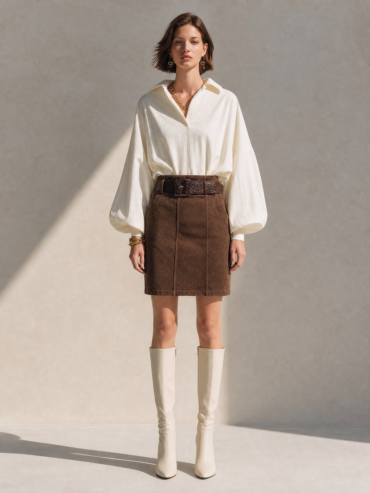 White Shirt And Brown Suede Skirt Set