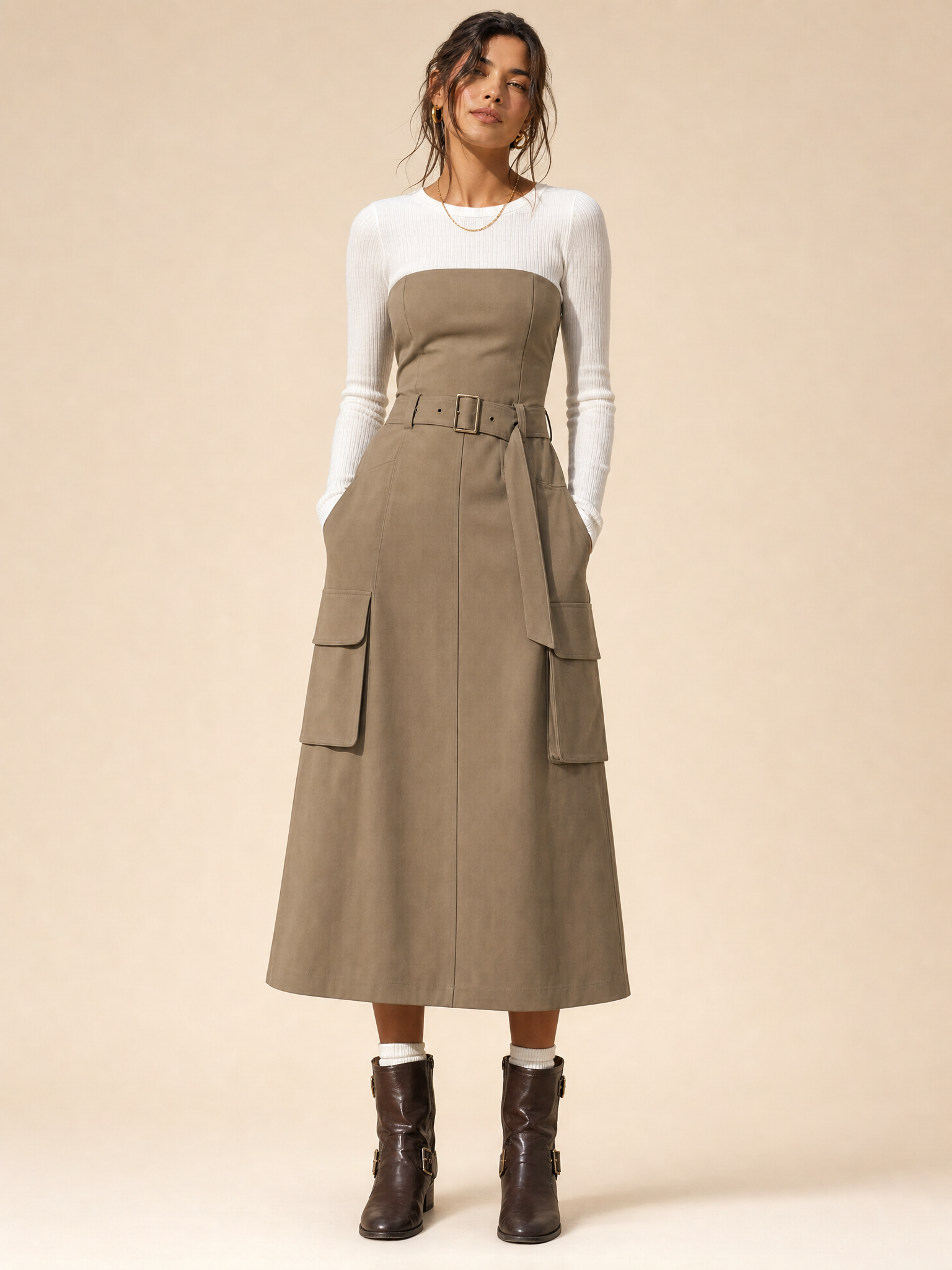 Brown Faux-layered Dress